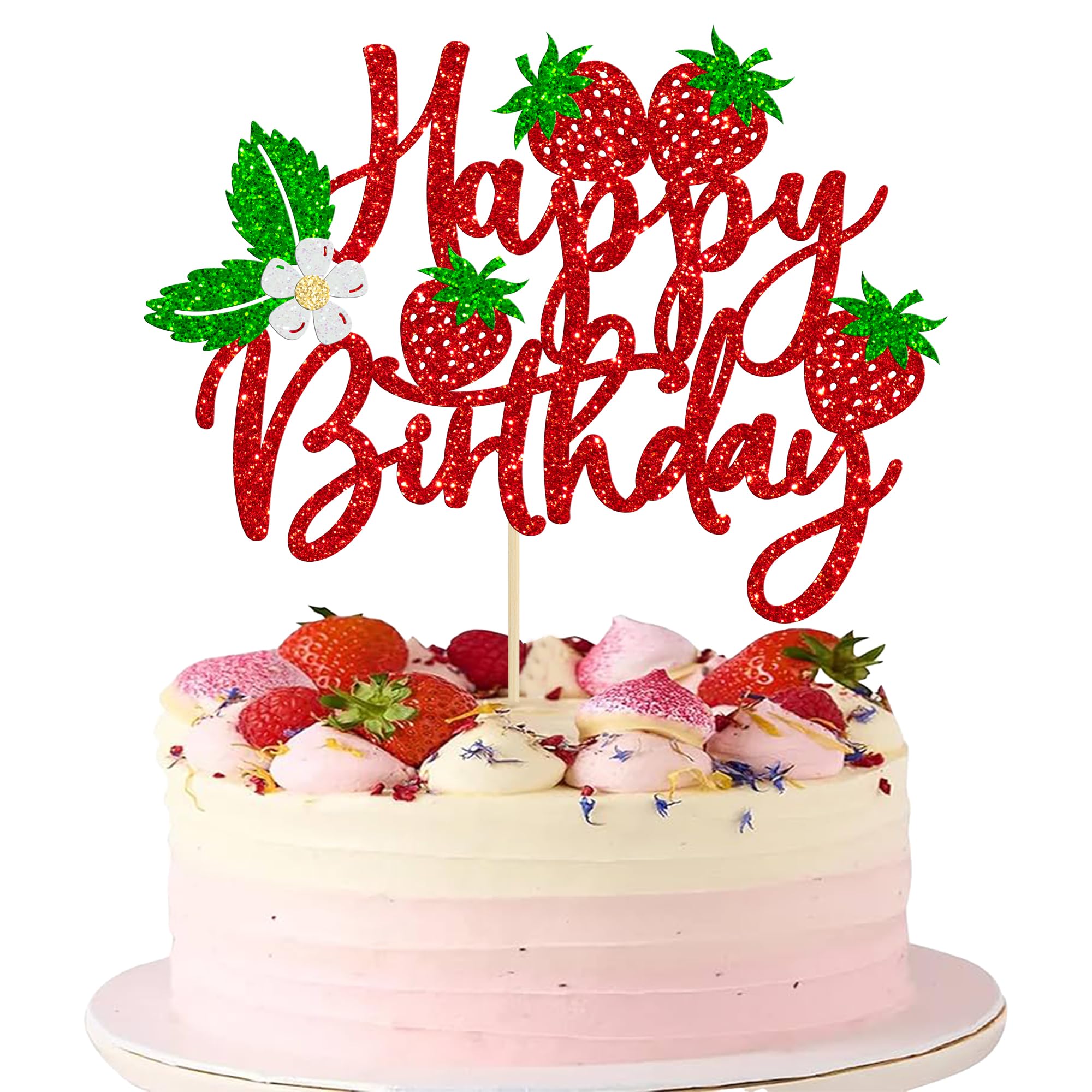 Ephlyn 1Pc Strawberry Happy Birthday Cake Topper Glitter Flower Fruit Theme Birthday Berry Cake Pick Decorations for Strawberry Theme Baby Shower Kids Birthday Party Cake Decorations Supplies Red