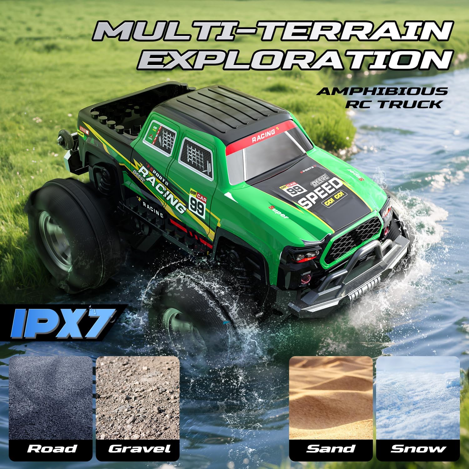 DEERC BG028 RC Truck performing double-side surfing in water