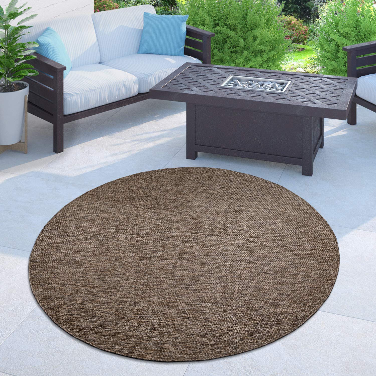 Paco Home Alfombra Exterior Redonda Intemperie Balcón Terraza Cocina Motivo Monocolor, tamaño:Ø 120 cm Redon, Color:Taupe OEKO-TEX STANDARD 100