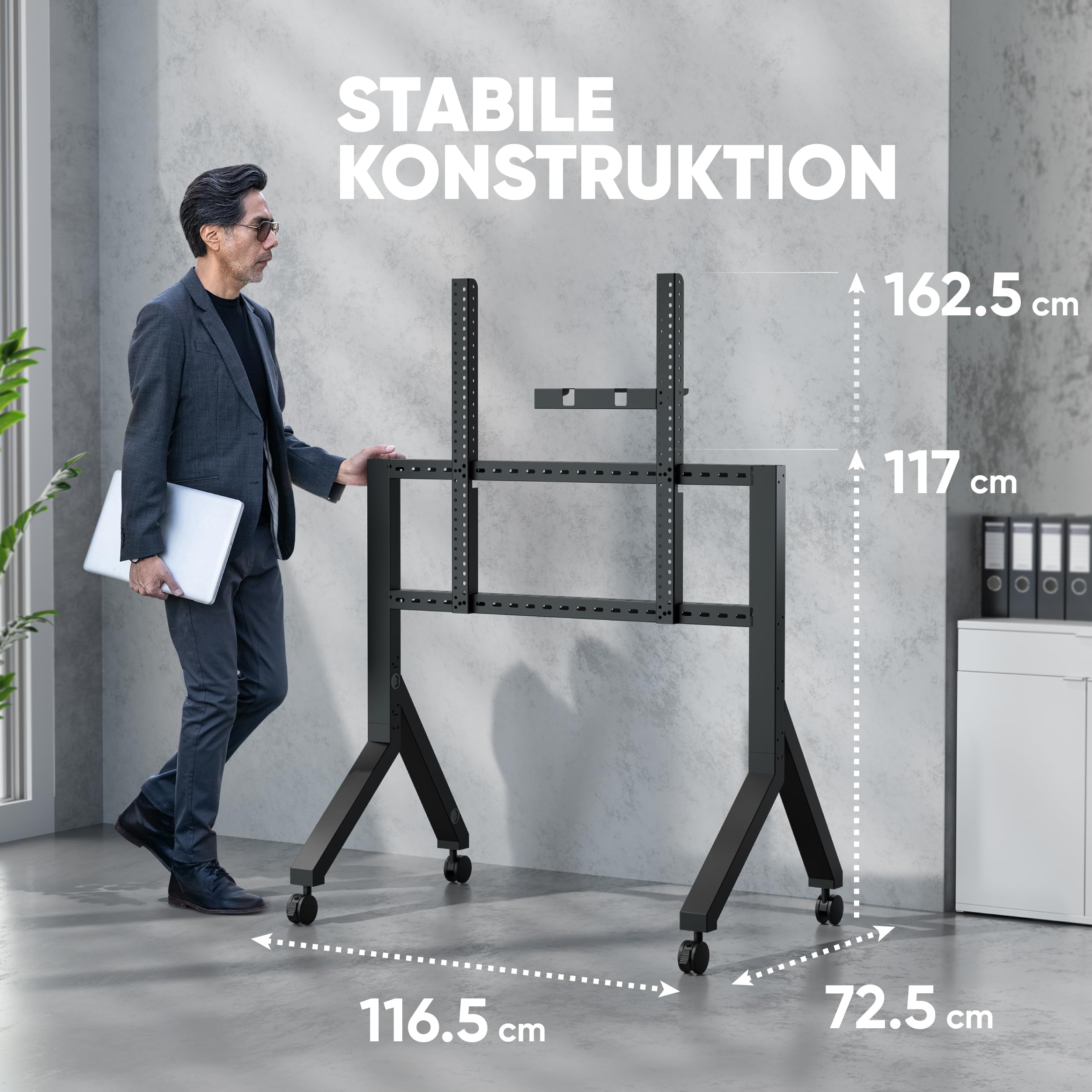ONKRON TV Ständer rollbar für 70-110 Zoll Fernseher, max Belastung 125 kg, Fernseher Rollwagen mit Ablage, TV Standfuss VESA 200x200-1000x800, mobiler Fernsehständer mit Rollen Schwarz TS2081-B