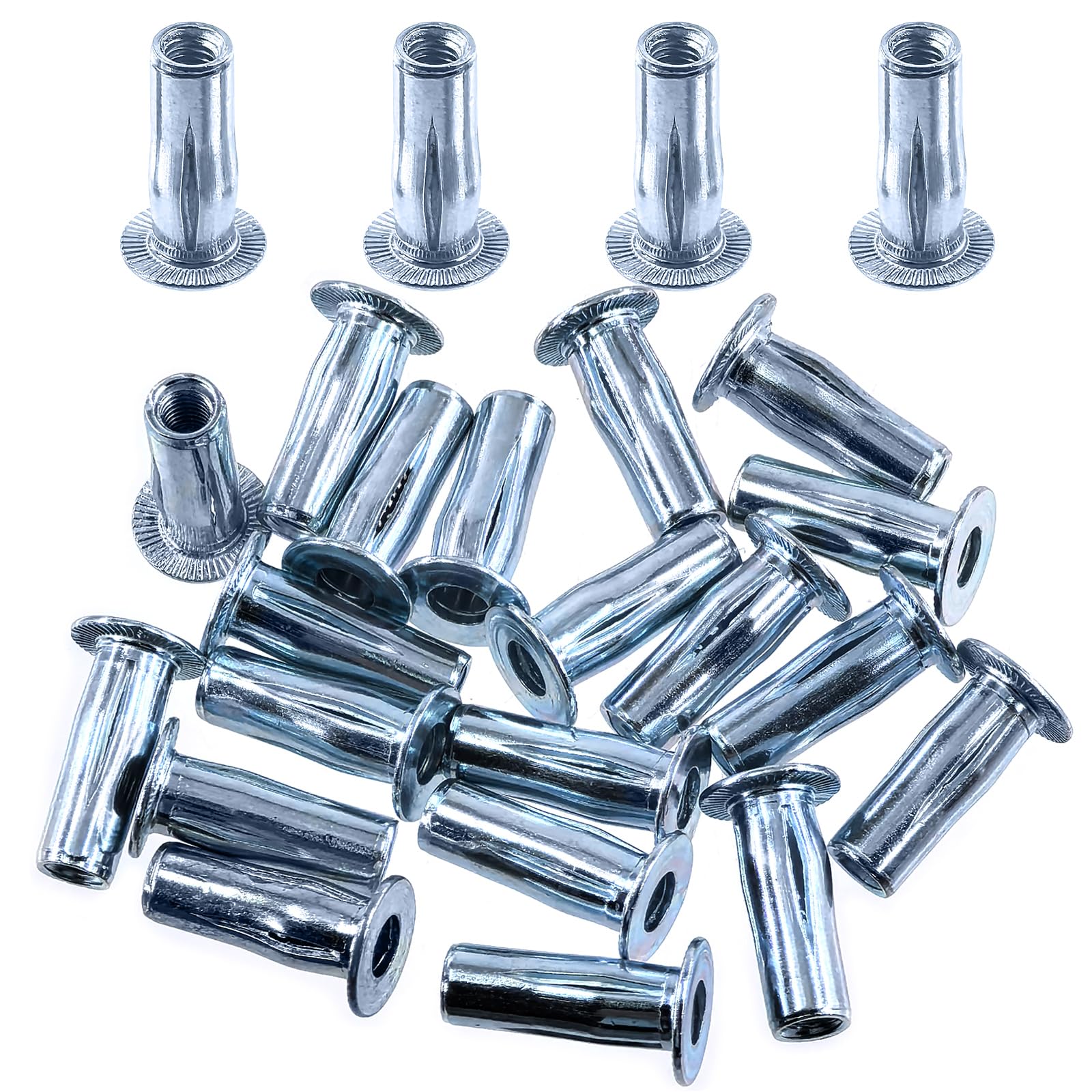 Swpeet Set di 20 dadi rivettati metrici M5 in acciaio al carbonio bianco placcato zinco multi-aderenza Plus Kit di rivetti Bulb Shank Testa piatta Inserto filettato dado per fissaggi da costruzione