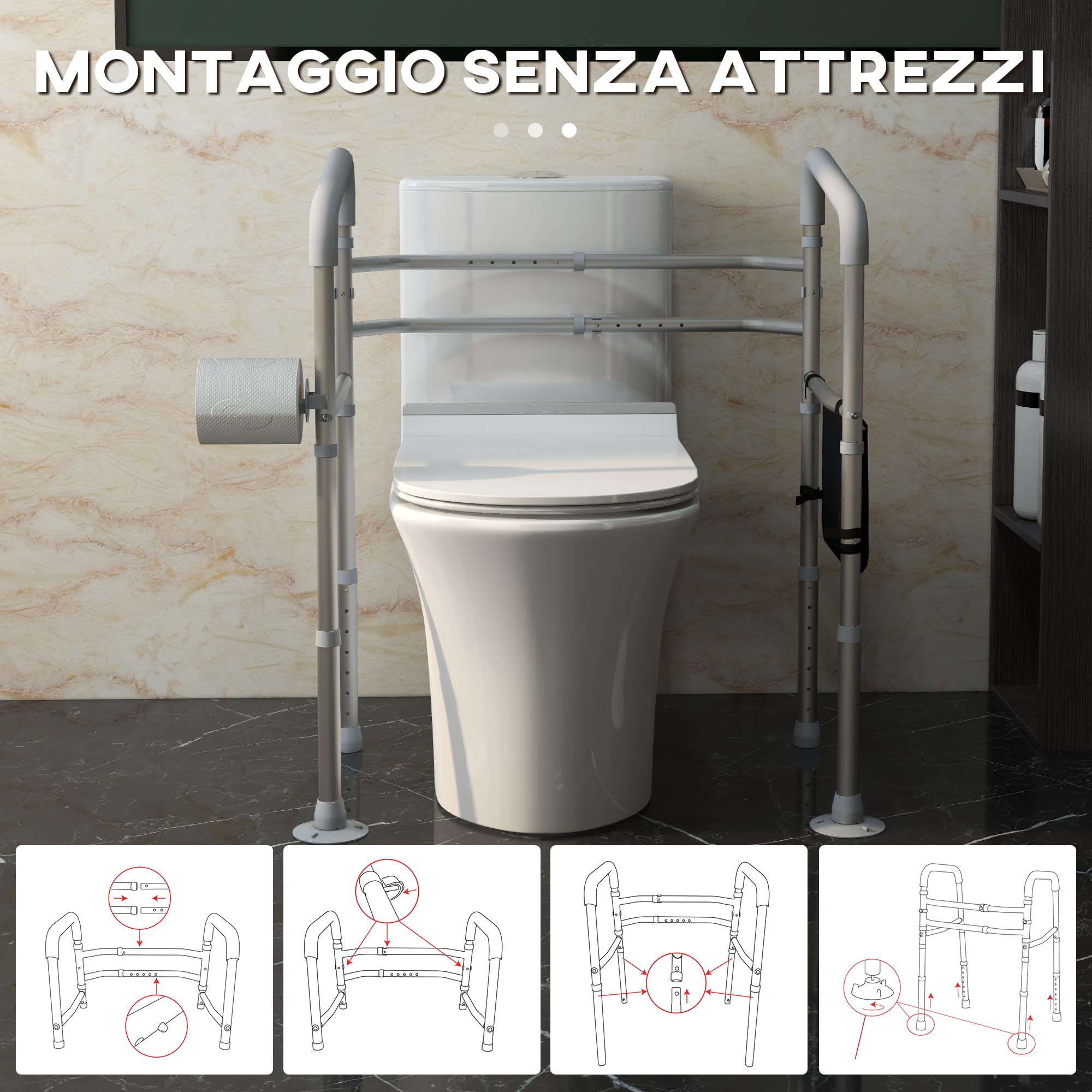 HOMCOM Supporto Water per Disabili, Sostegno con Braccioli per WC Regolabile in Altezza e Larghezza, 2 Piedini a Ventosa e Tasca Laterale