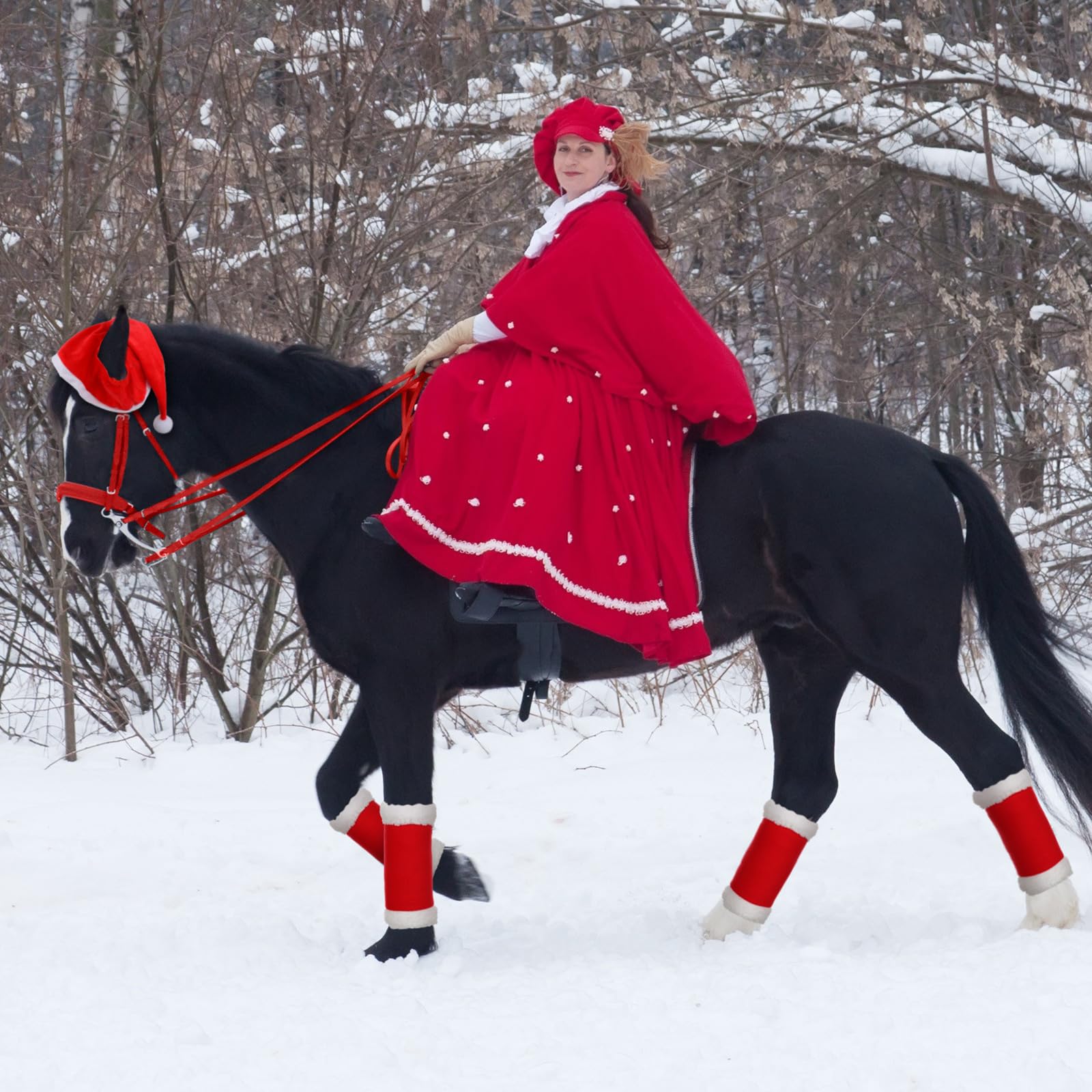 Paterr 6 Pcs Christmas Horse Accessory Includes 4 Pcs Leg Wraps with Faux Fur Trim Holiday Santa Hat Adjustable Nylon Halters for Christmas Horse 