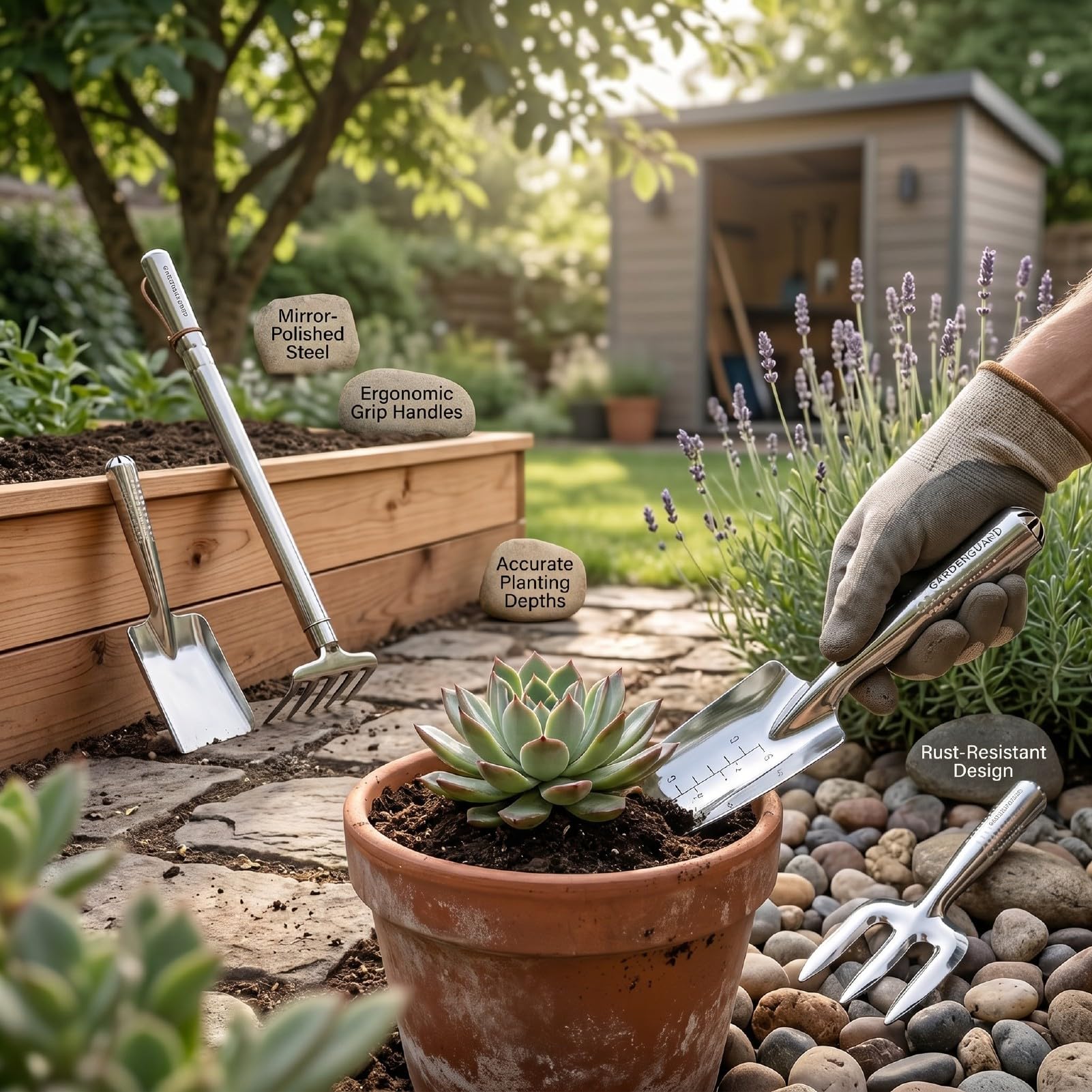 Bewinner Set di Attrezzi da Giardino in Acciaio Inossidabile da 4 Pezzi con Rastrello a 4 Denti, Set di Pala a Cazzuola a Mano per Diserbo, Piantagione, Scavo del Terreno, Compatto e Portatile