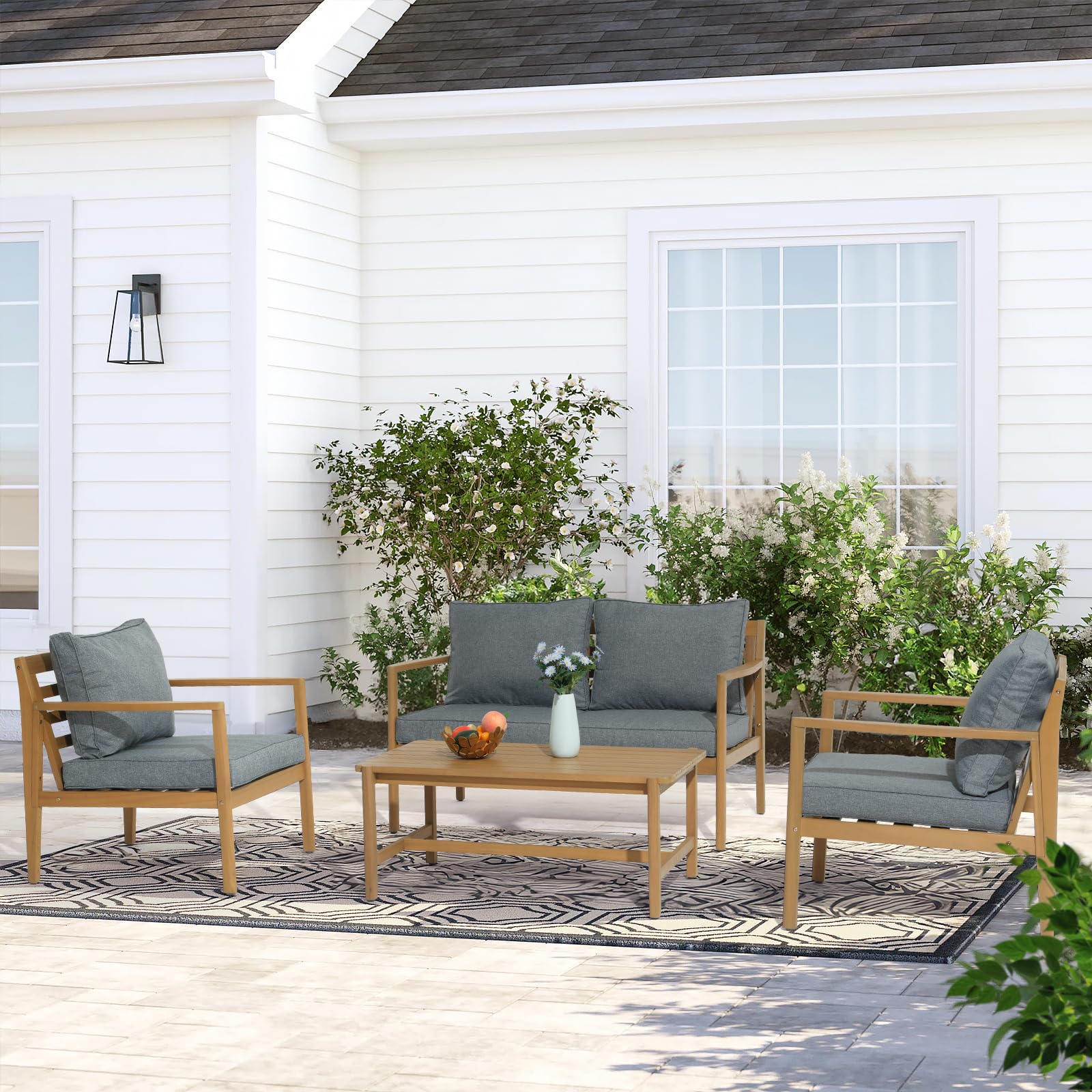 SUNSITT 4 Piece Acacia Wood Patio Furniture Set, Outdoor Conversation Sofa Set with Coffee Table & Cushions for Garden, Backyard, Dark Grey