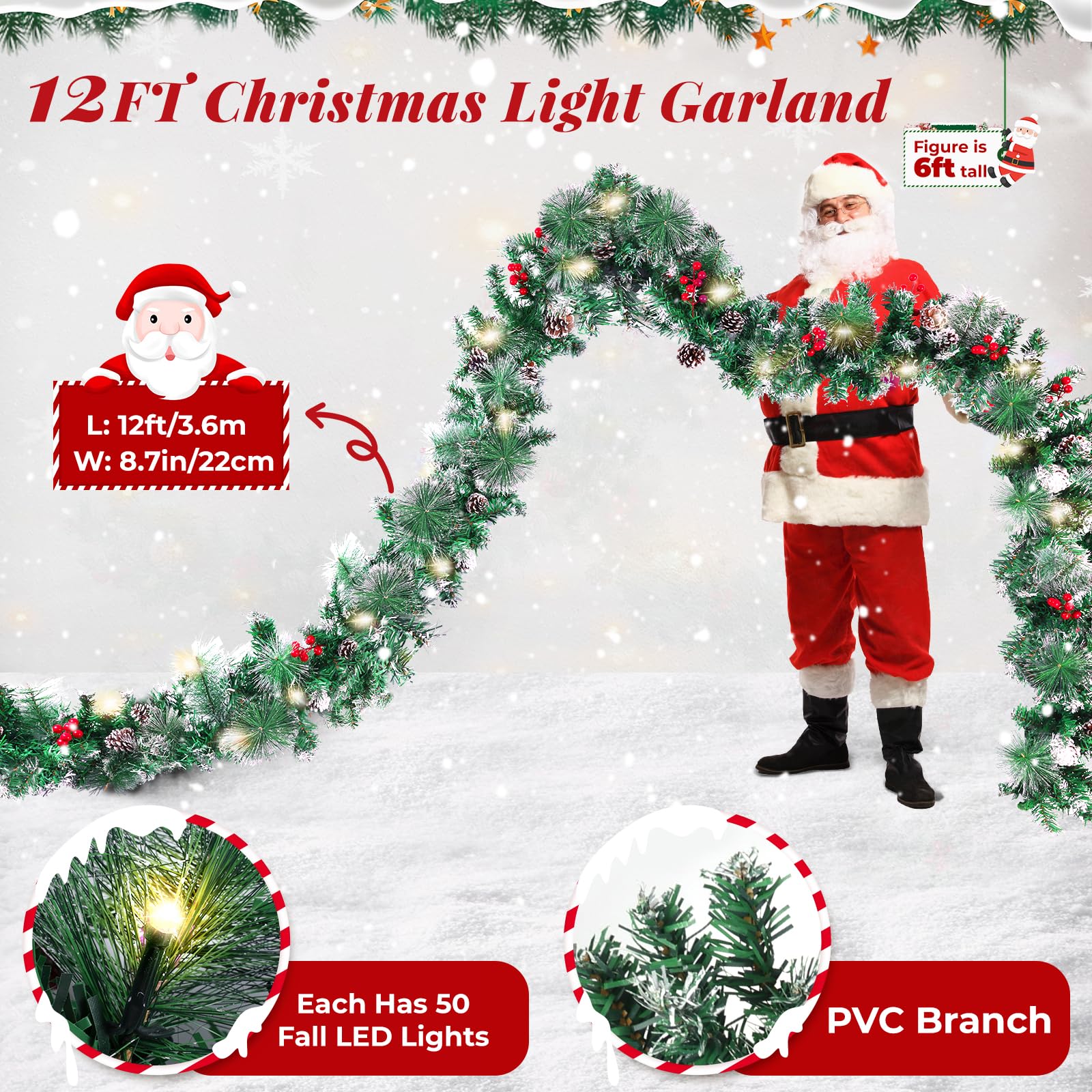 BlessedSeason Guirlande de Noël de 3,7 m avec lumières, guirlande lumineuse artificielle d'intérieur pour escaliers, cheminée, guirlande verte, cônes, baies rouges et aiguille de pin