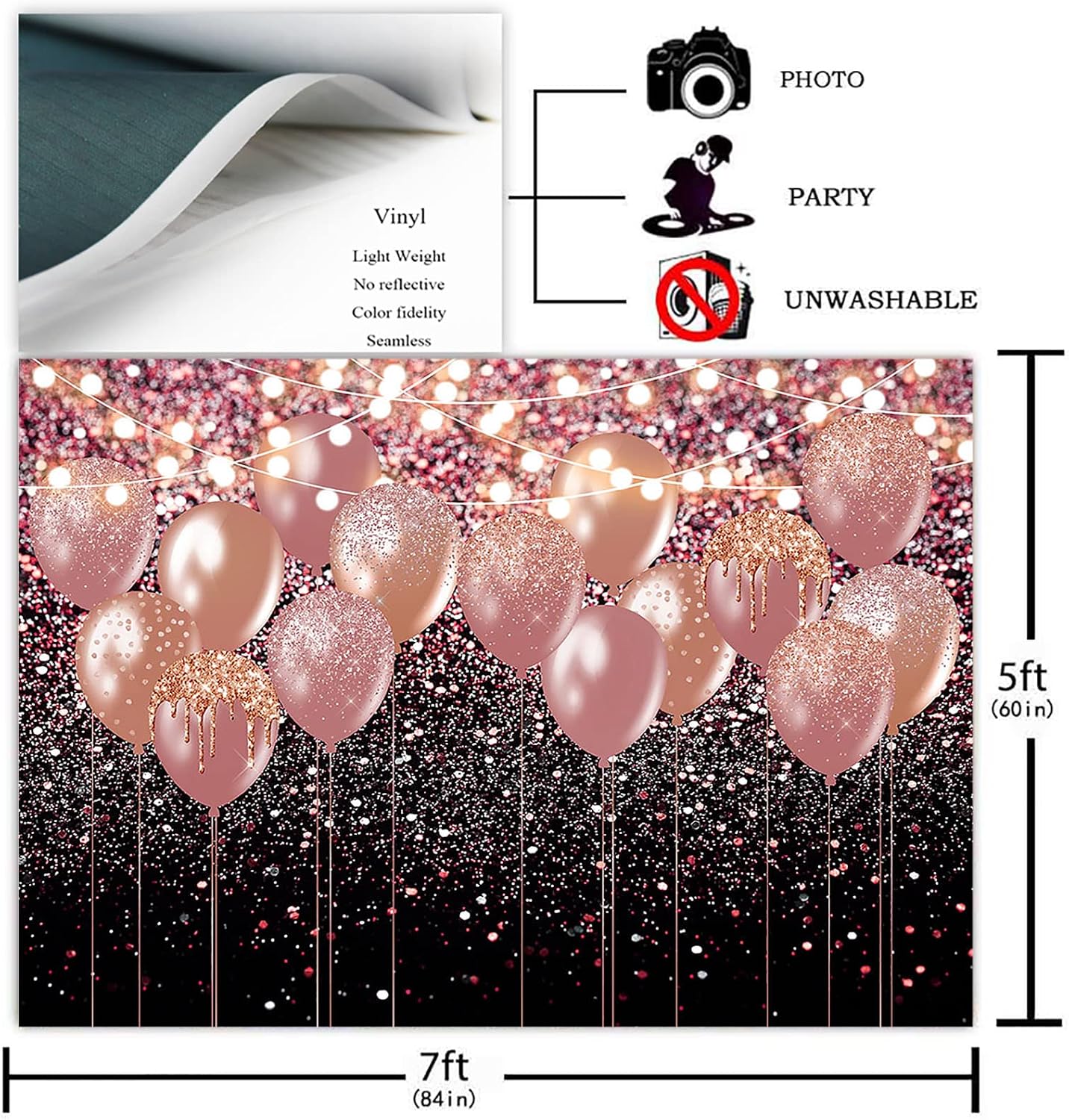 Avezano Rose Gold Glitter Balloons Backdrop for Birthday Wedding Bridal Shower Photography Background Glitter Pink and Rose Gold Party Decorations Photoshoot Backdrops (7x5ft)