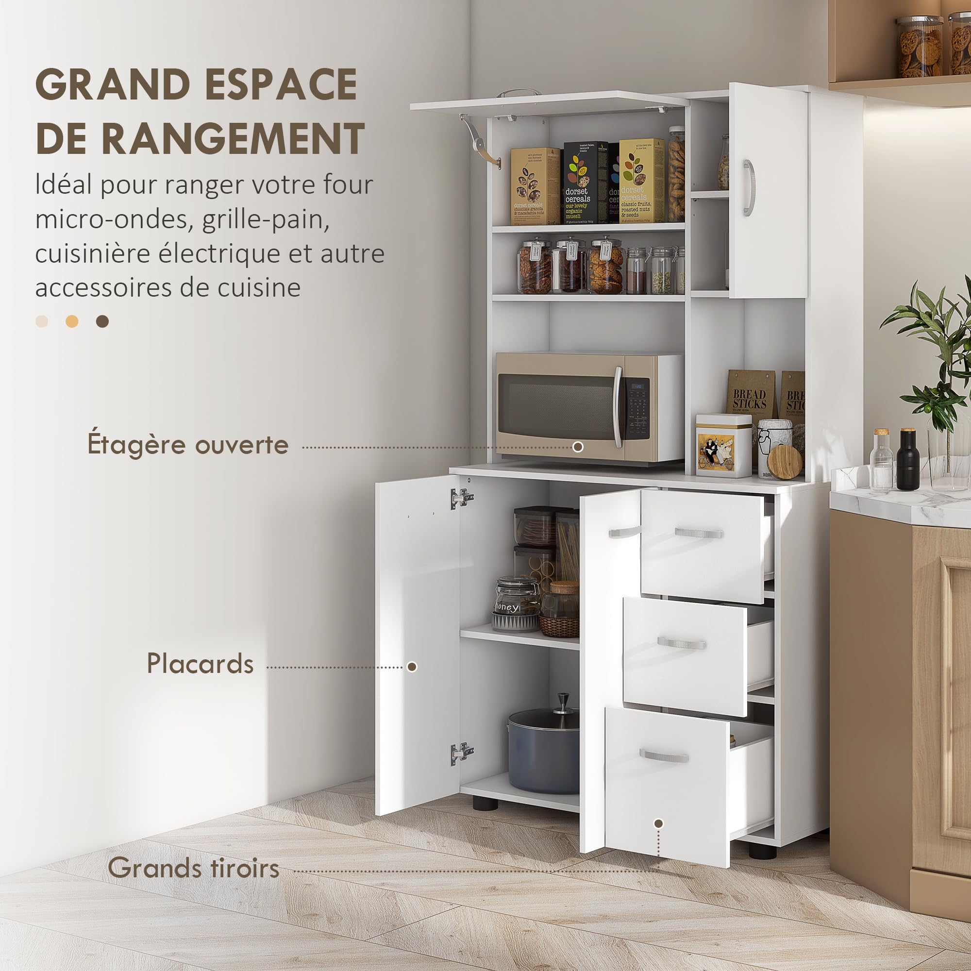 HOMCOM Armoire de Cuisine Buffet Cuisine 89x39,5x168 cm Blanc