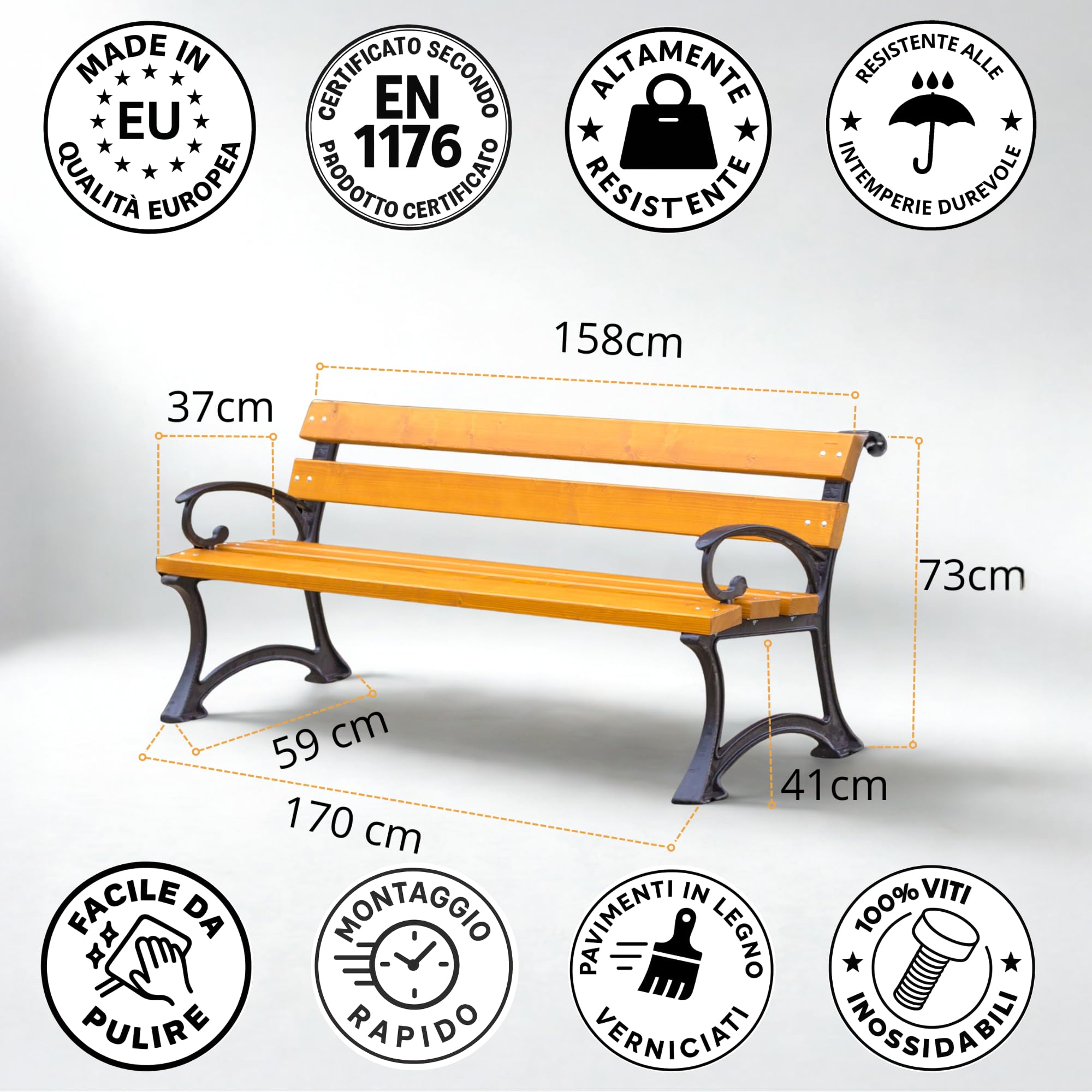 REKORD Panchina da Giardino 170 x 59 x 73 cm Panchina da Esterno in Legno e Metallo con Schienale Resistente alle Intemperie Panchina per Giardino Terrazzo Balcone o Parco – GDANSK BIS - Teak