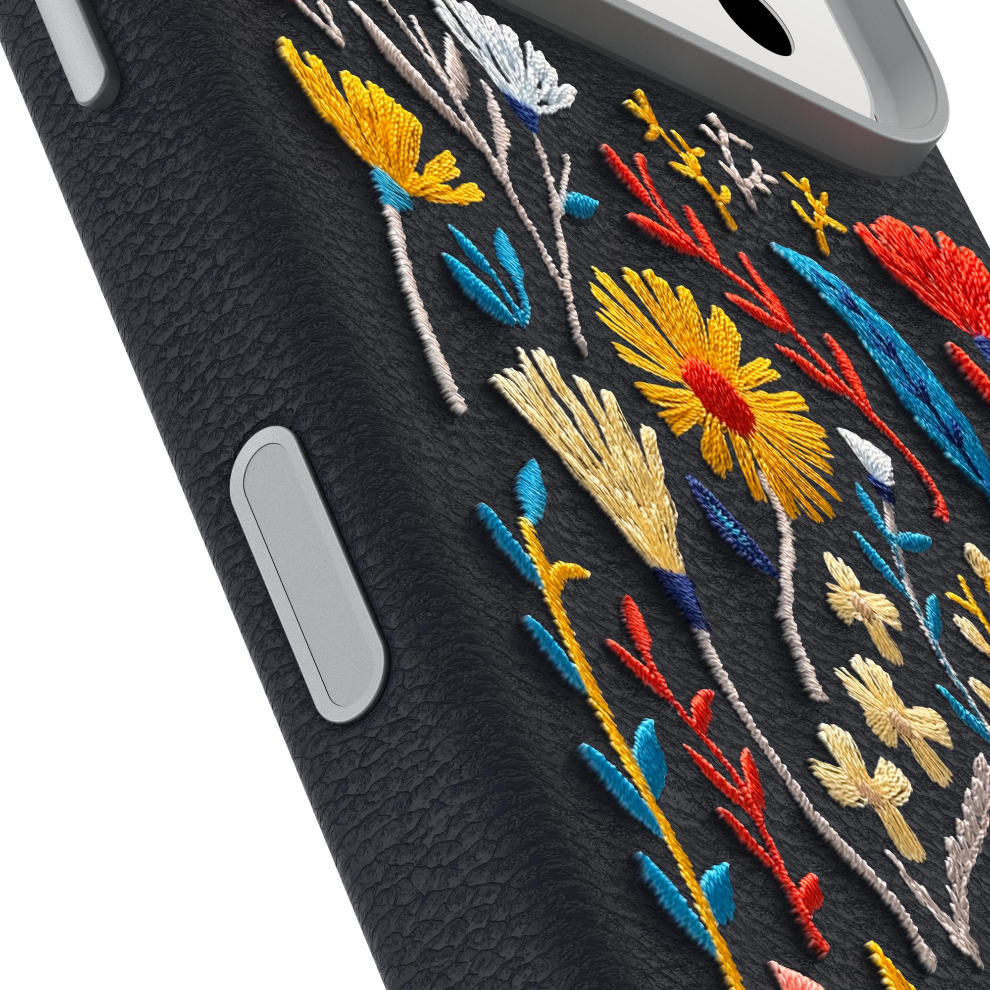 OtterBox iPhone 17 Pro Symmetry Serie Kaktus Leder Stickerei Hülle – Verzauberter Garten – Blau – strukturierte, bestickte Florale künstlerische iPhone-Hülle