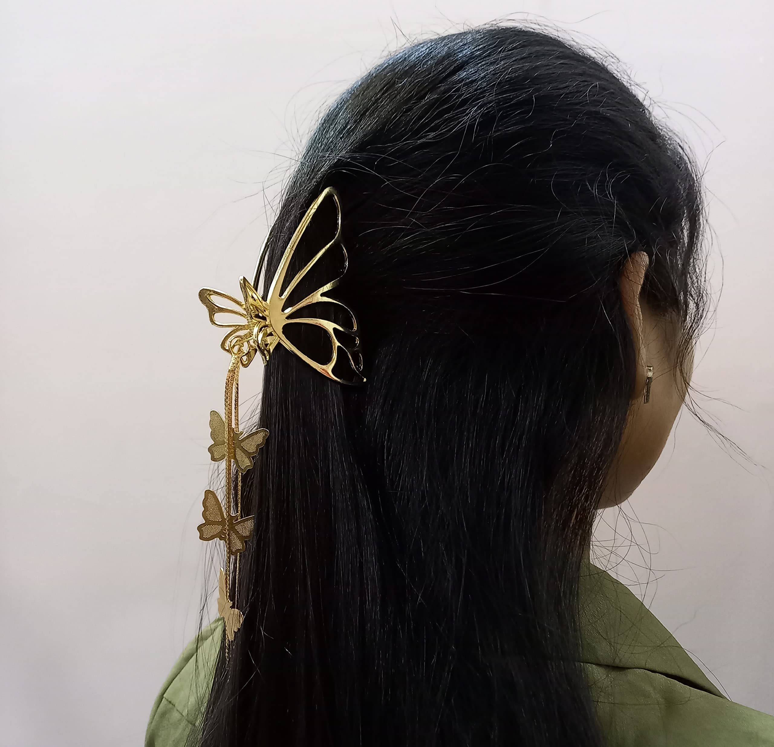 STING BEEGold Metal Hair Claws 3D Butterfly Hair clip With Hanging 3 Butterfly For Women & Girls Metal Chain Hair Clip, Metal Hair Clamps Headwear Accessories pack Of 1