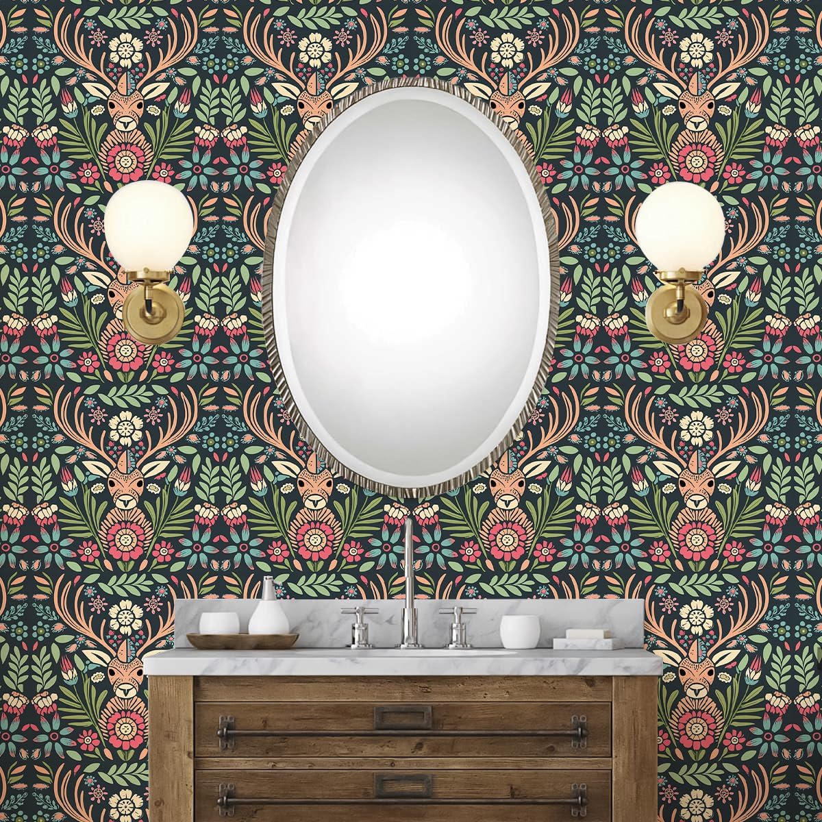 HAOKHOME Boho Peel and Stick Wallpaper Floral Removable Wall Paper Animal Deer for Accent Wall Nursery Kids Room Contact Paper 17.3in x 118in