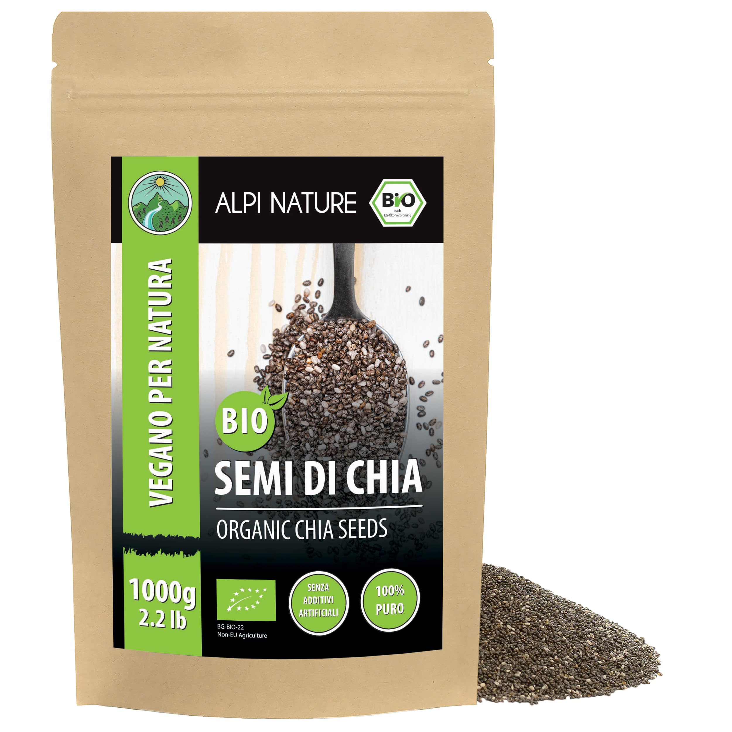 Alpi Nature Semi di Chia BIO 1kg, Semi di Chia Neri Interi e Crudi per Frullati, Yogurt e Muesli
