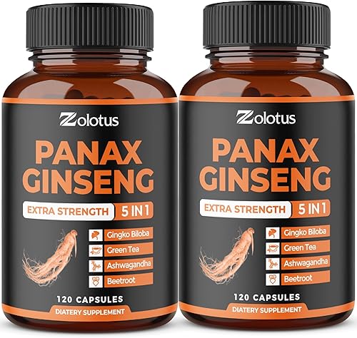 Zolotus Panax Ginseng rojo coreano + ginkgo biloba, ashwagandha, remolacha, té verde - 120 cápsulas (paquete de 2)