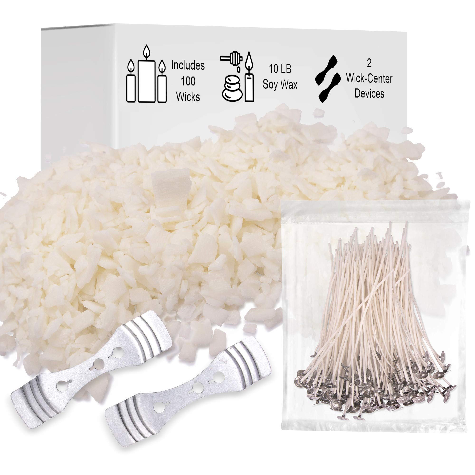 Etienne Alair Natural Soy Wax Kit - Includes; 10 Lbs Soy Candle Wax Flakes, 100 Cotton Wicks, 2 Wick Holders.