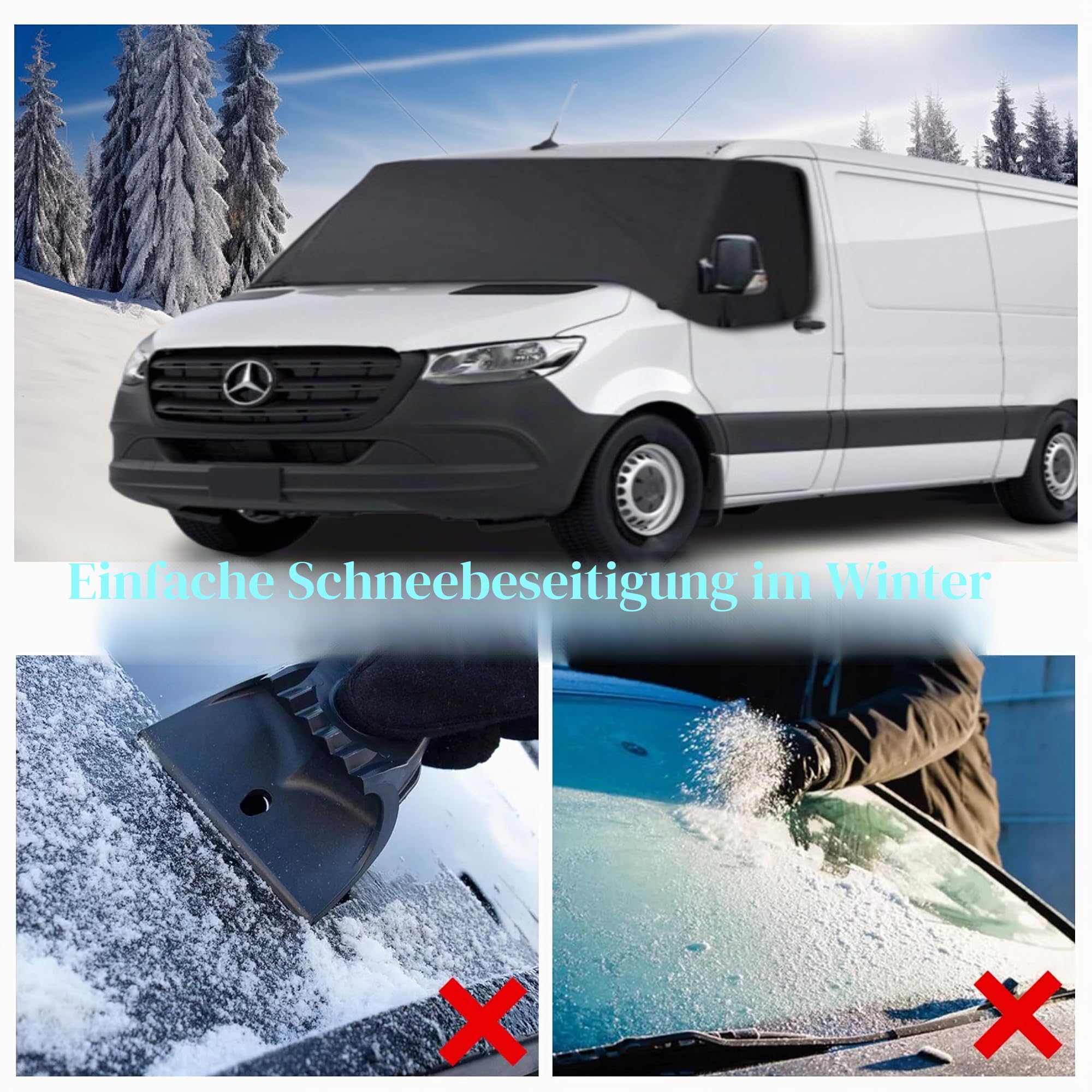 Sonnenschutz Frontscheibe für Mercedes Vito W447 2014-2024 | 600D Oxford Stoff, 100% Verdunkelung, UV-Schutz, Frostschutz & wetterfest. Thermomatte für Winter hält Kälte und Wärme ab