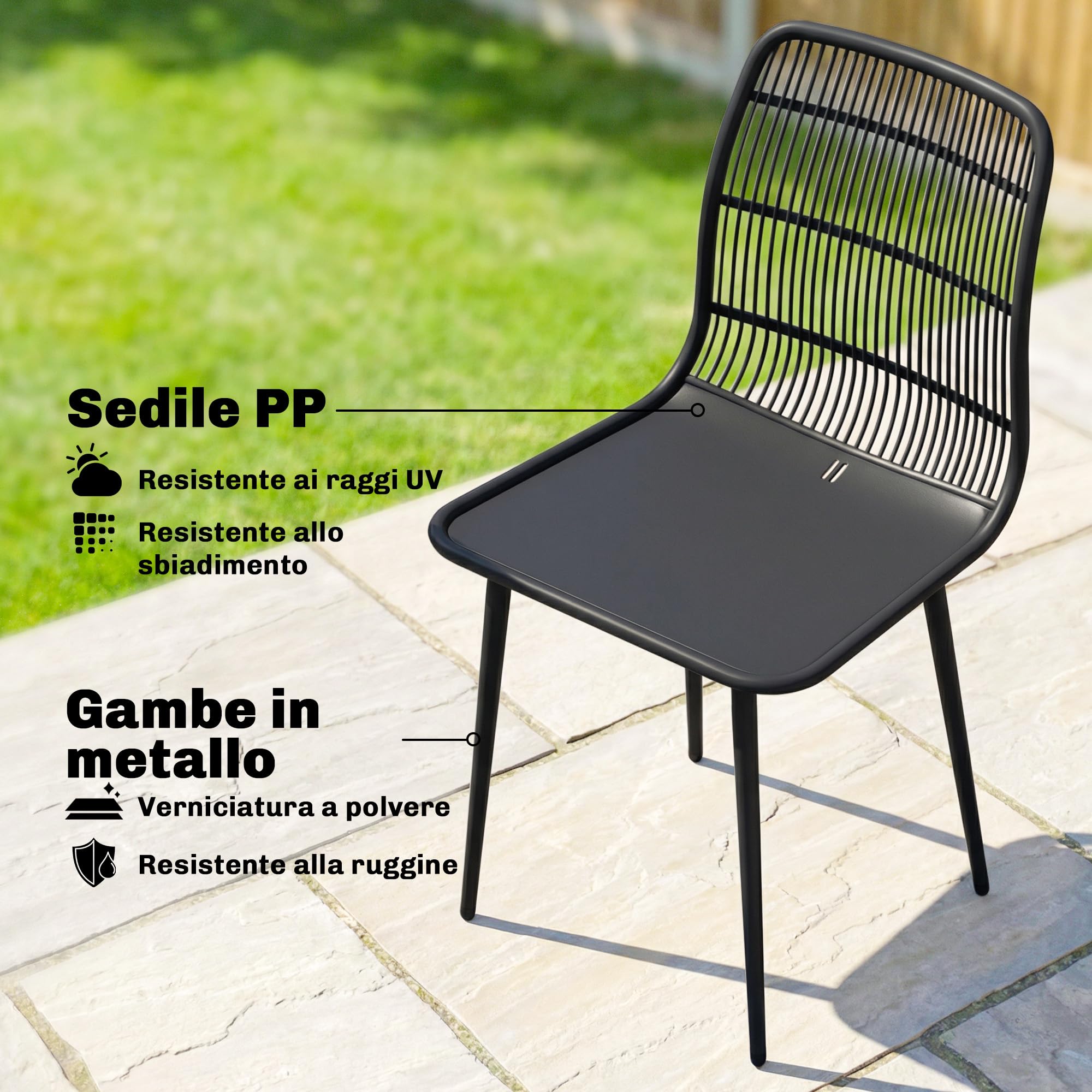 Outsunny Juego de 4 sillas de jardín de polipropileno con respaldo ergonómico, sillas para comedor de exterior de metal, para patio, balcón, terraza, exterior, 46 x 51 x 84,5 cm, negro