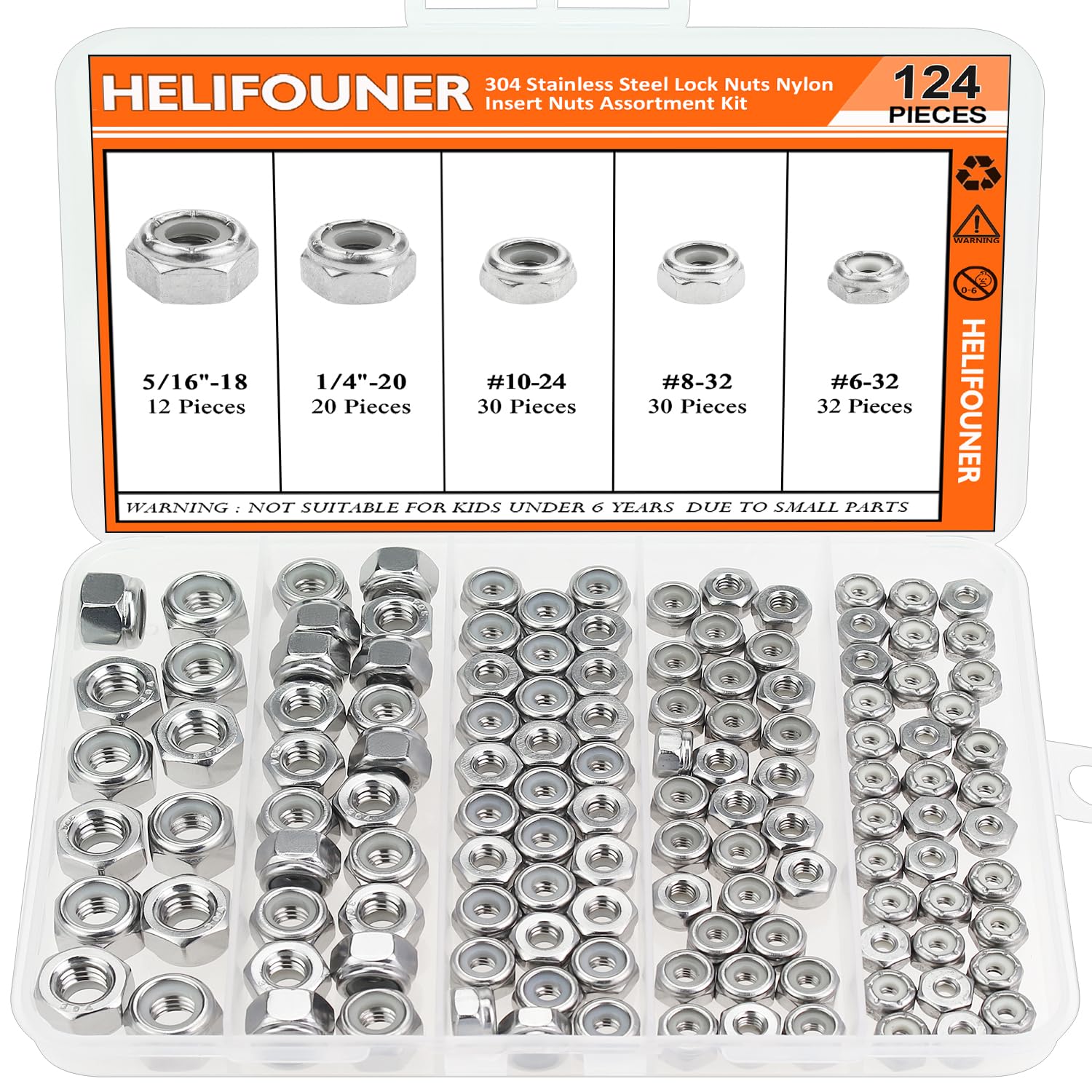 #6-32#8-32#10-24 1/4"-20 5/16"-18 Lock Nuts, HELIFOUNER 124 Pieces 5 Sizes Nylon Insert Hex Lock Nuts Assortment Kit, 304 Stainless Steel (18-8)