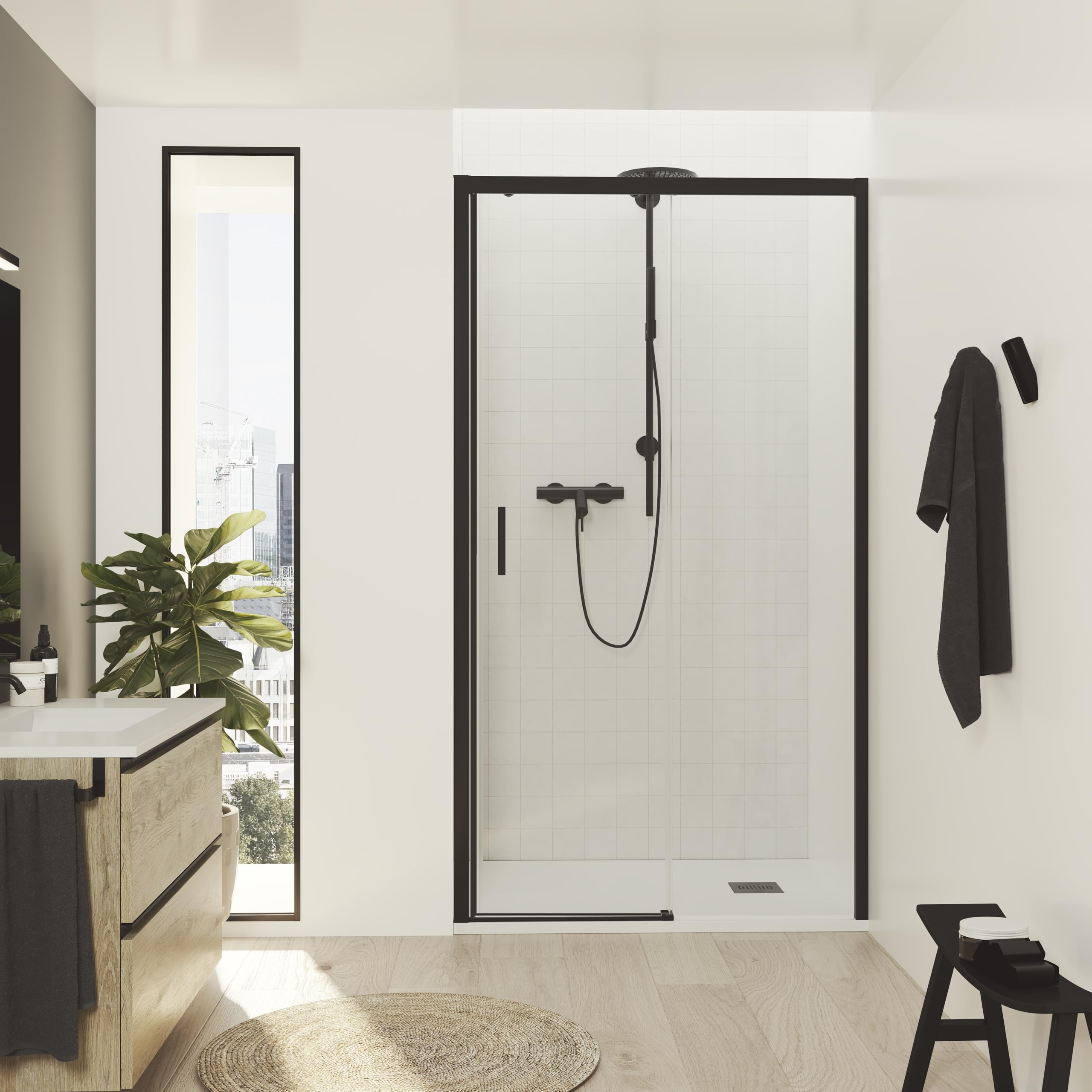 Mamparas de Ducha - 1 Puerta Corredera + 1 Fijo - Mampara de Ducha Corredera - Perfilería Negra Mate - 99 a 103 cm (Ancho Adaptable 4 cm) x 195 cm (Alto) - Posición Puerta Izquierda
