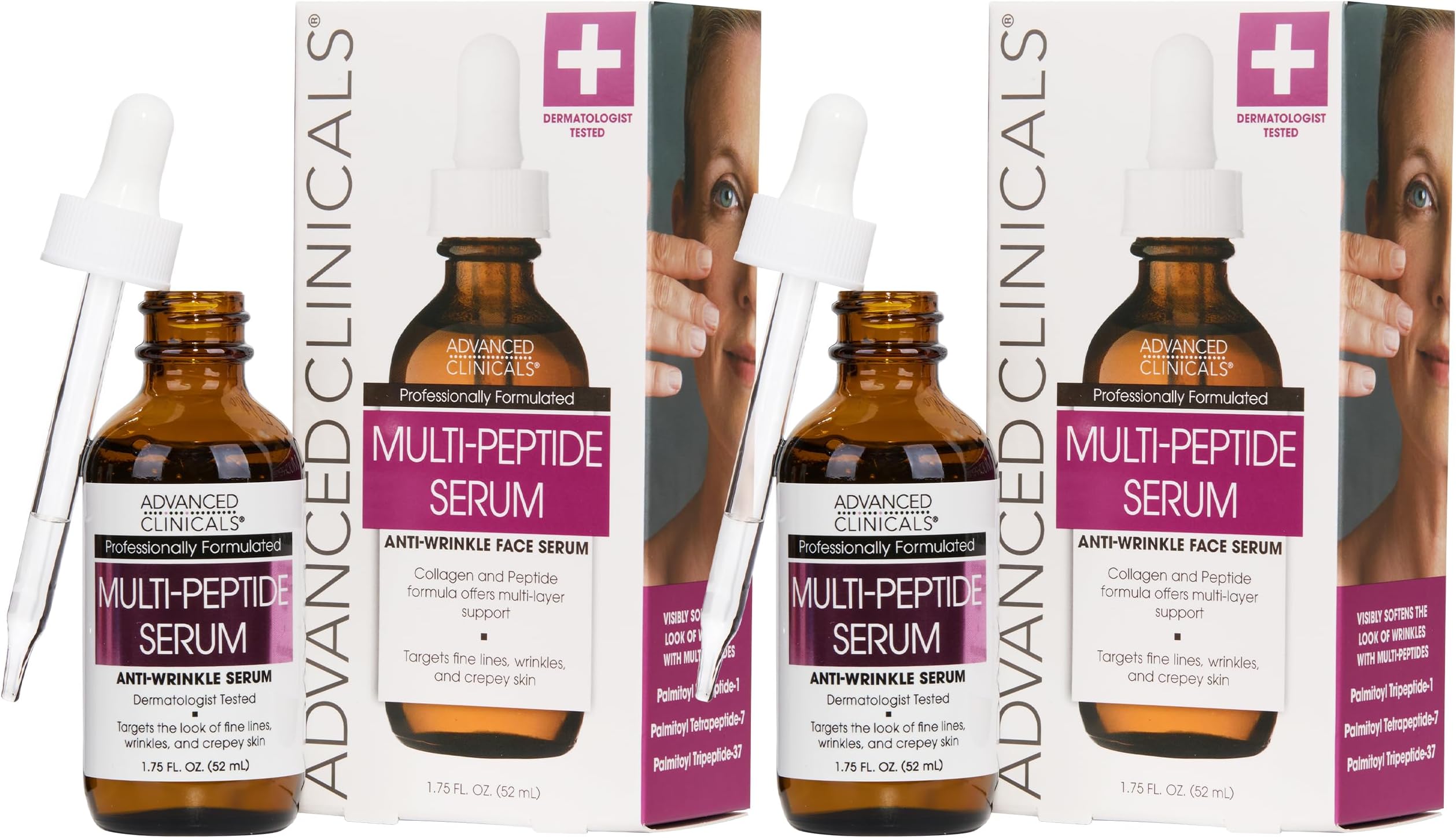 Advanced Clinicals Peptide Facial Serum Moisturizer Skin Care Oil For Face, Wrinkles, Fine Lines, & Puffiness. 6X Peptide Concentrate W/Collagen Plumps, Lifts, & Evens Skin Tone, 1.75 Fl Oz (2-Pack)