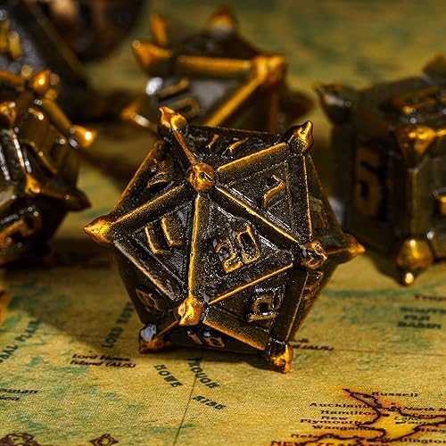 Miniatura 2 de Cusdie - Juego de dados de metal, 7 dados de metal para Calabozos y Dragones, juego de dados poliédricos con diseño de molinete para juegos de rol,