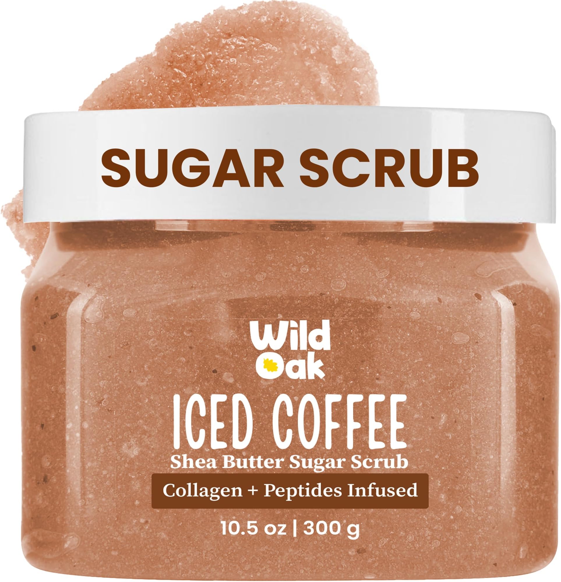 WildOak Iced Coffee Sugar Body Scrub | 300g | Kojic Acid, Hyaluronic Acid, Ceramides, Collagen & Peptides | De-Tan & Brightens Dark Areas | Smooths Strawberry Legs & Arms | Hydrates & Exfoliates
