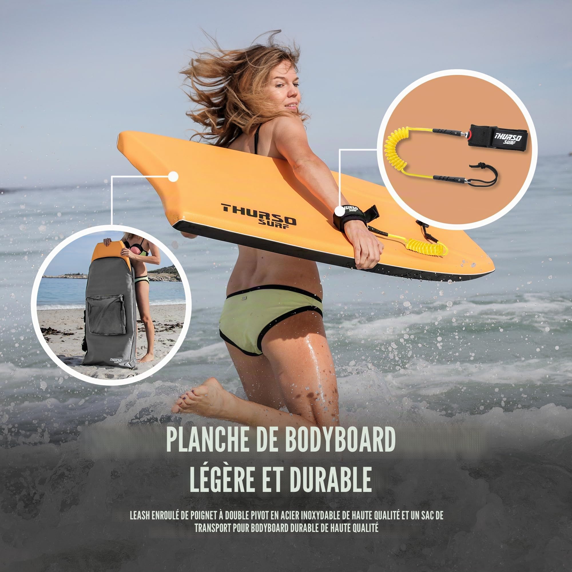 Thurso Surf 106,7 cm léger Bodyboard Comprend Pro double pivotant Bodyboard Laisse et Lux Bodyboard Sac. EPO Core en polyéthylène à haute densité Slick en bas, du pont de Ixpe. Azure et Sky, mandarine