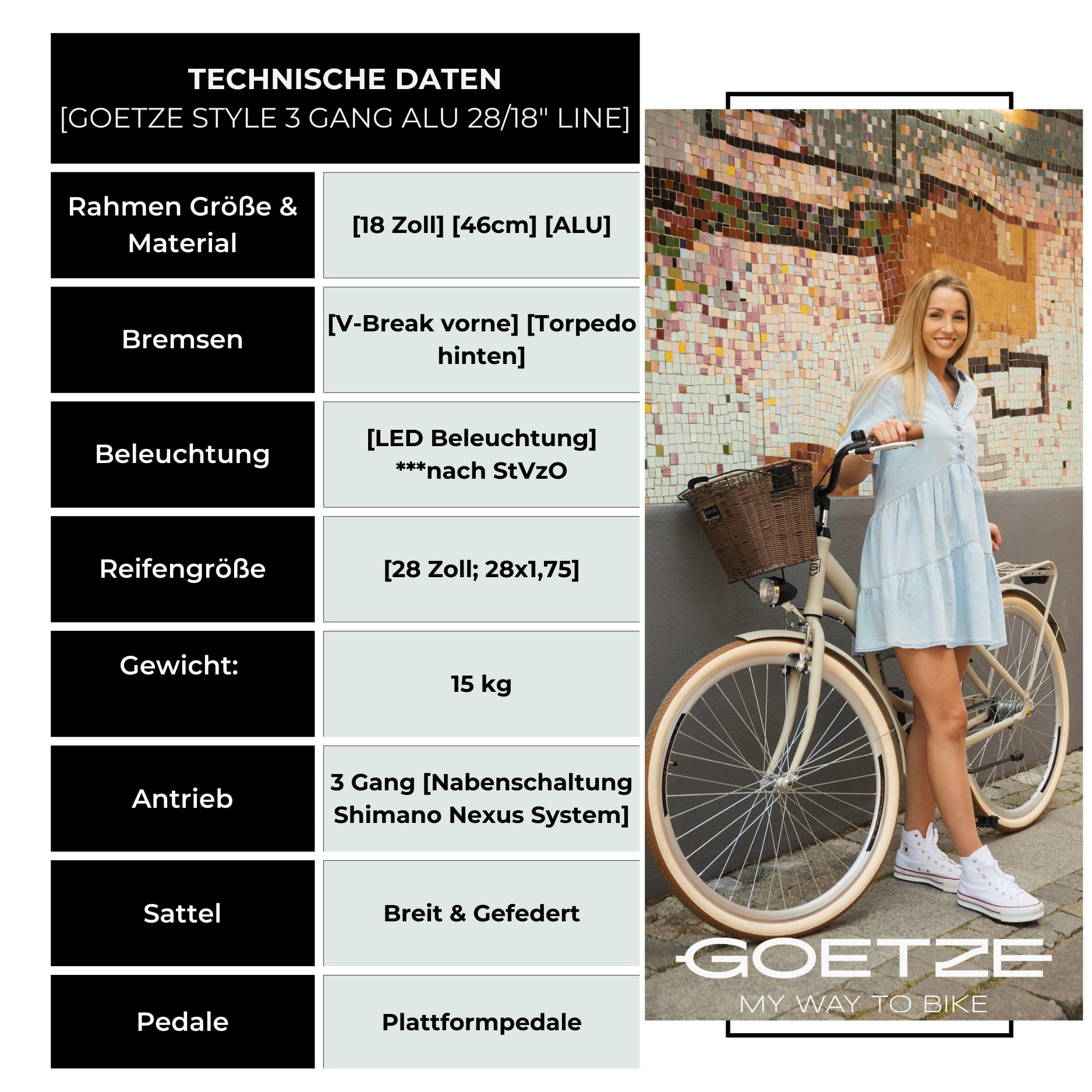 Goetze Style 28 Zoll Damen Citybike, 18 Zoll Tiefeinsteiger Aluminiumrahmen, 3-Gang Nabenschaltung, Rücktrittbremse, V-Bremse, LED-Beleuchtung, Rattankorb, Komfortsattel, mit Ständer & Klingel