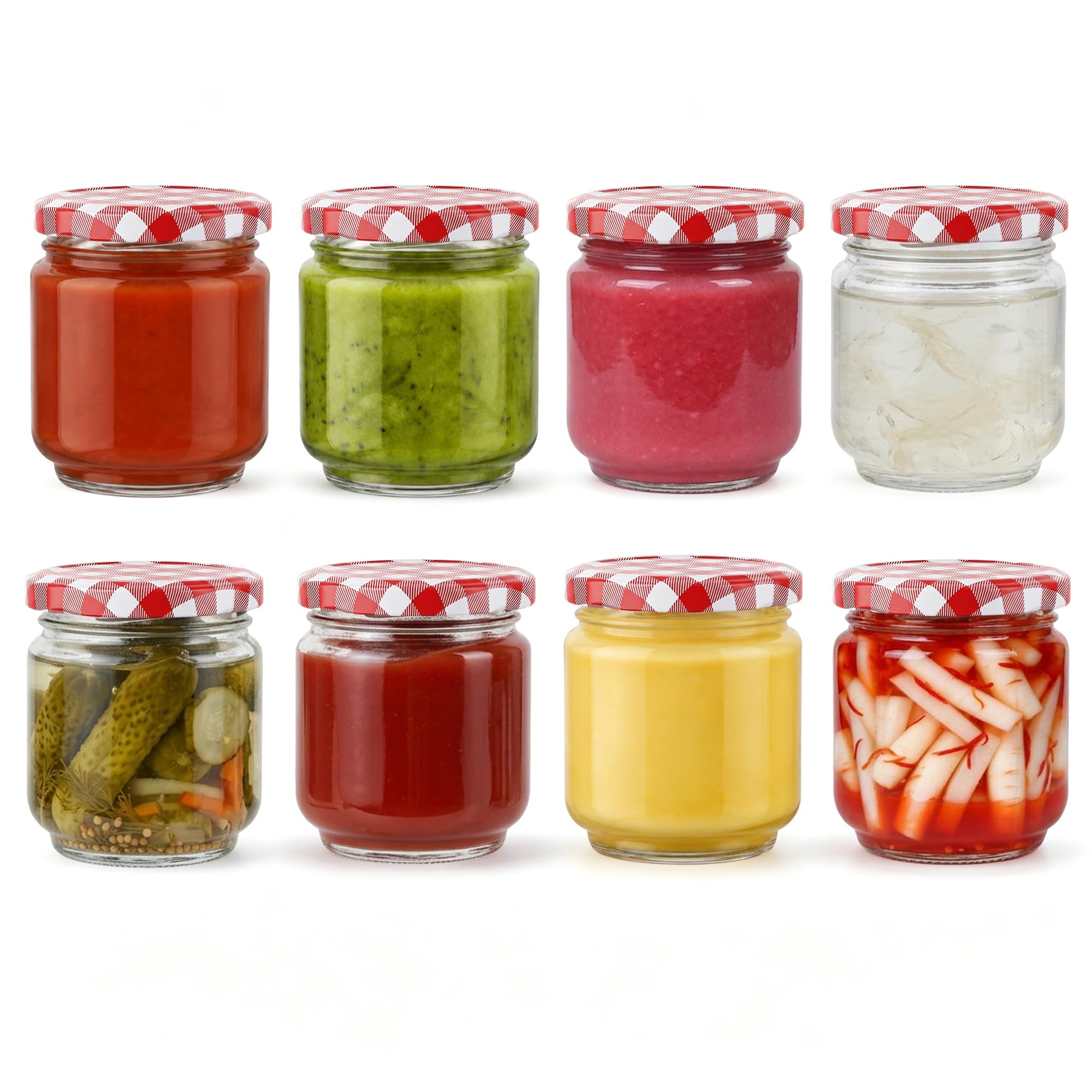 DWUIQY 8 pack 195ml Glass Jam Jars with Gingham Lids Wide Mouth Airtight