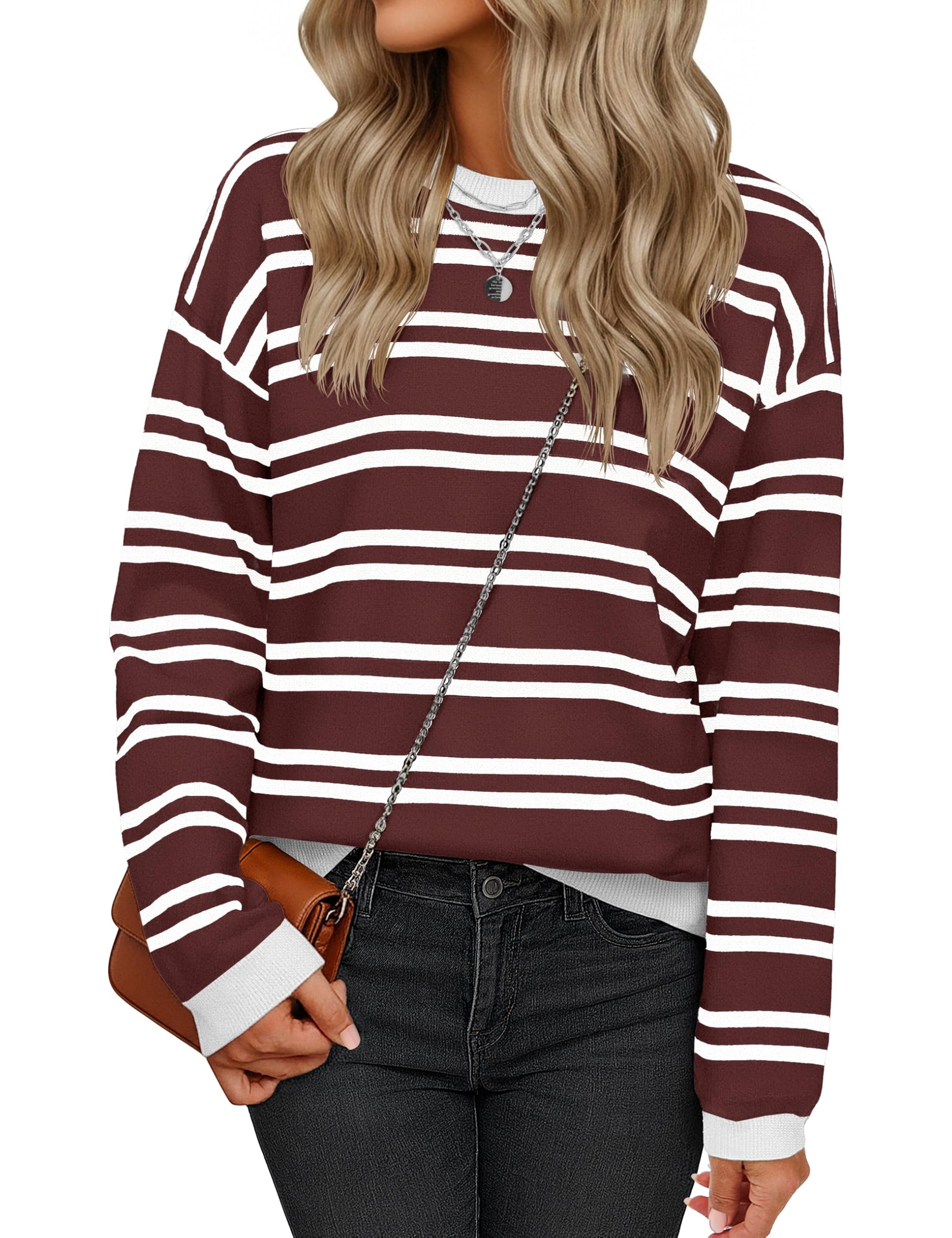YUCOLEN Womens Striped Sweaters Casual Crewneck Long Sleeve Knit Pullover for Fall Winter