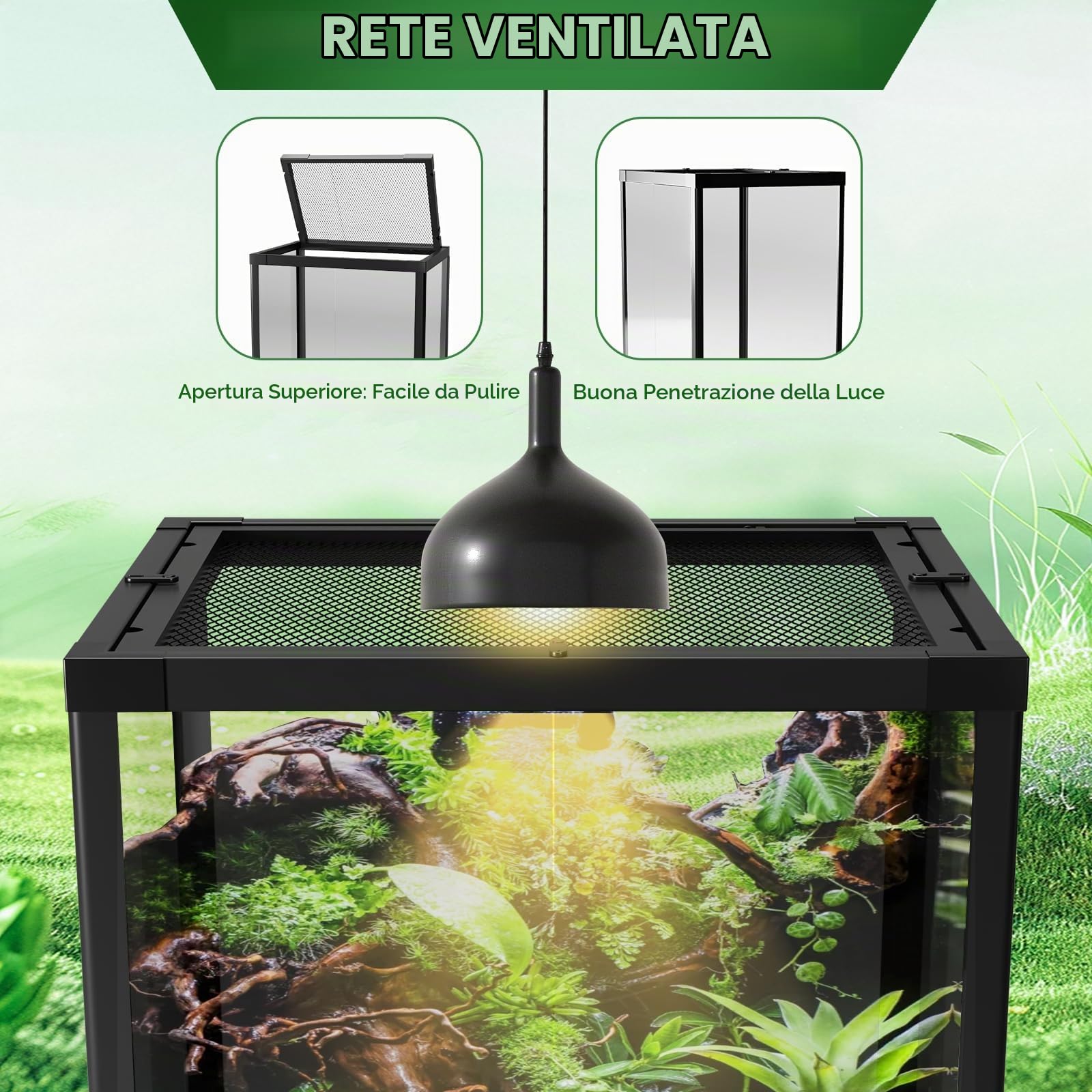 Terrario Verticale Arboricolo in Vetro Nero, con Porta Frontale E Valvola Di Drenaggio, Habitat per Camaleonti, Gechi E Rettili Tropicali