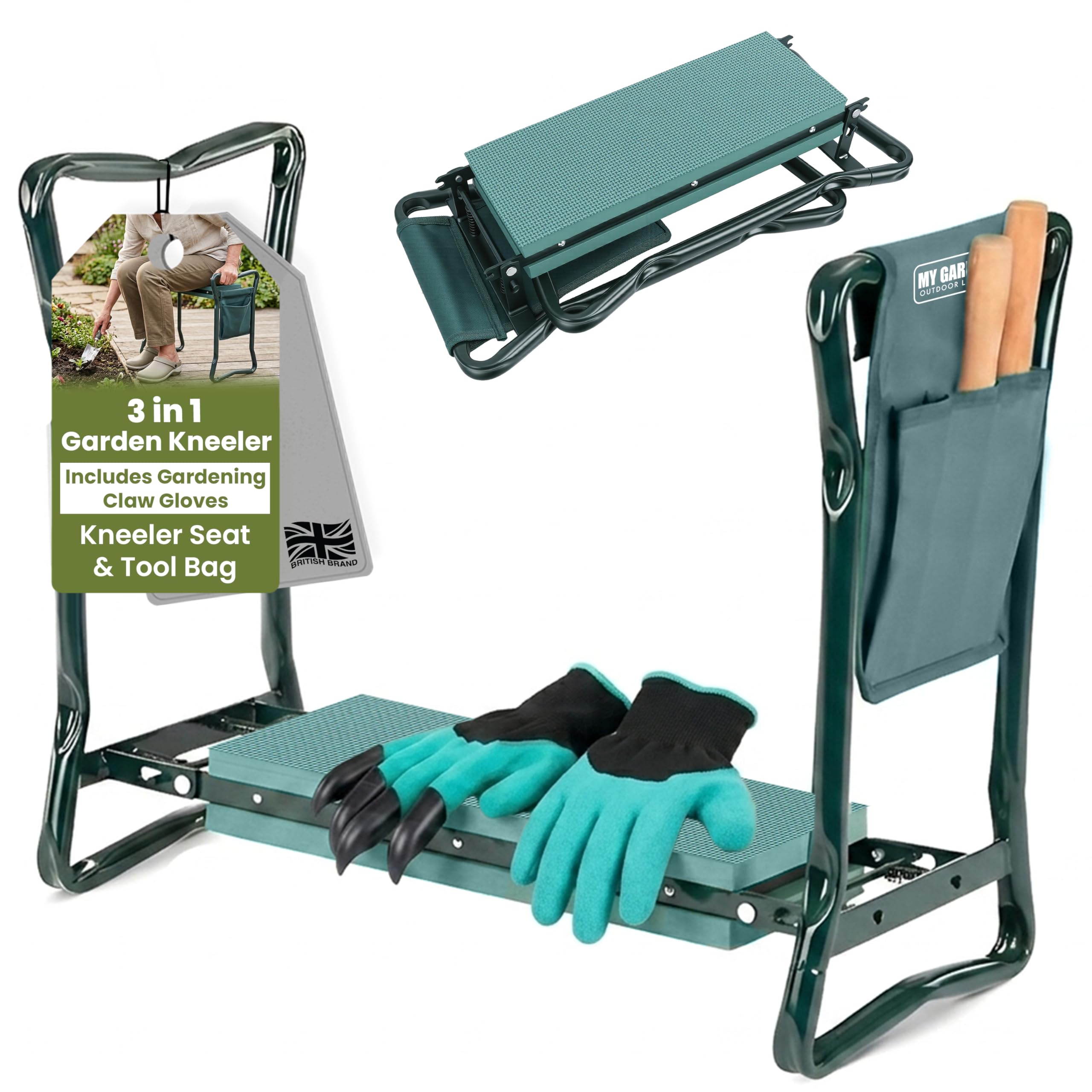 My Garden Kneeler & Stool with Handles – 3-in-1 Folding Garden Weeding Stool, Heavy Duty Kneeling Bench with Tool Bag & Claw Gardening Gloves, Comfortable Seat for Gardening, Seniors & Outdoor Use
