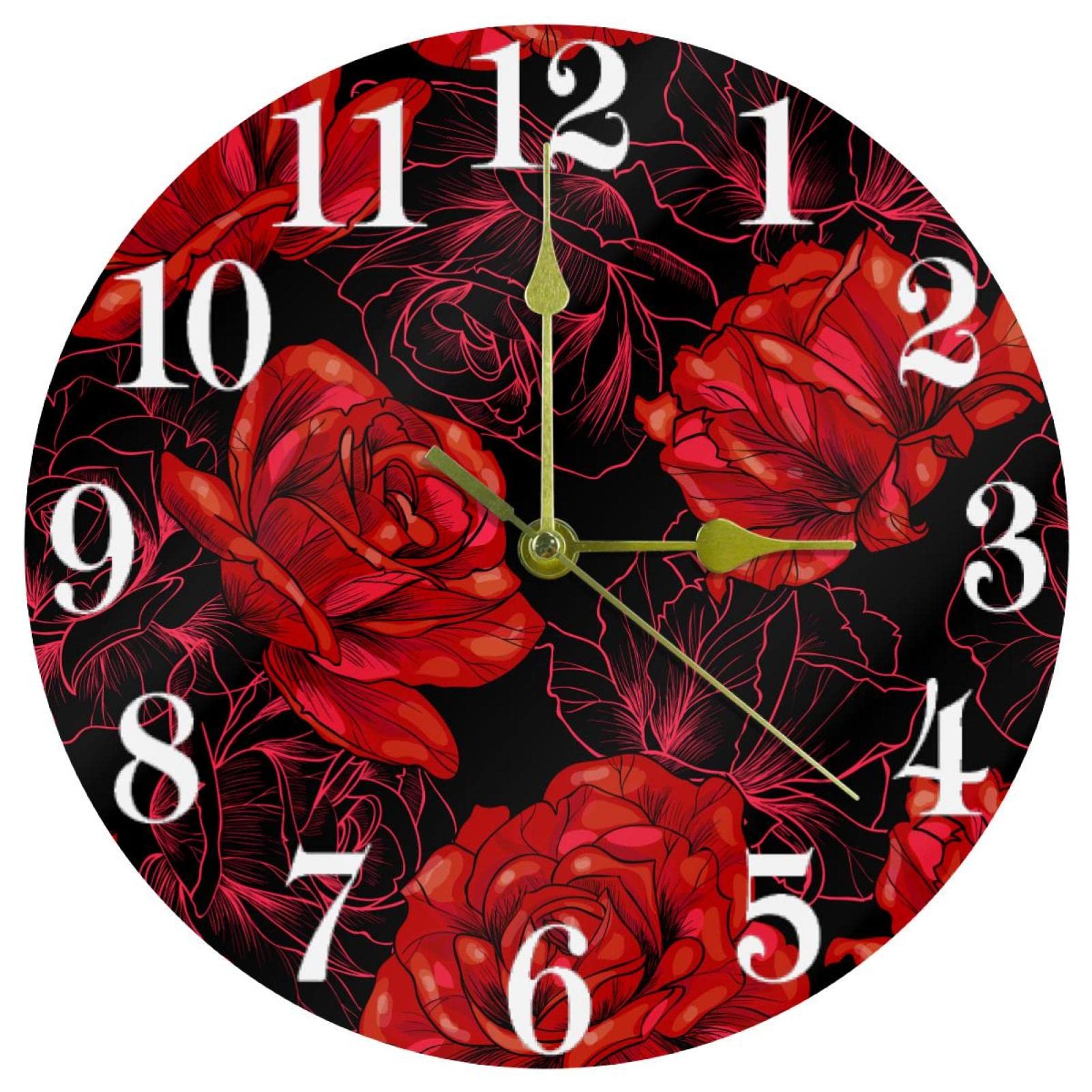Horloge murale noire fleurie haut de gamme ronde 25,4 cm sans tic-tac