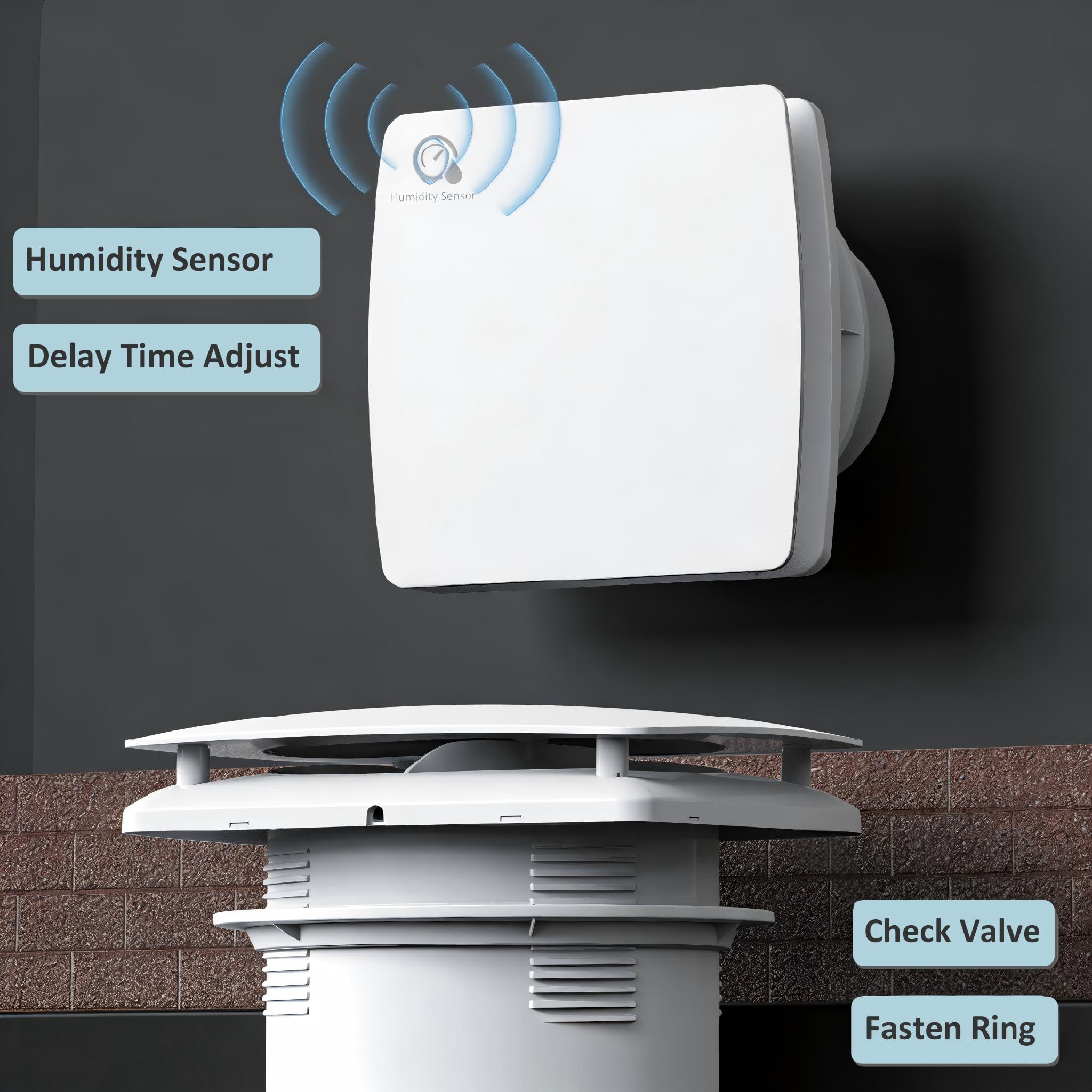 Extractor de aire 150 mm Sensor de temperatura y humedad 25 W 250 m³/h Ventilador de pared con válvula antigolpes, anillo de montaje de ventana, toma para cocina, WC, cuarto de baño