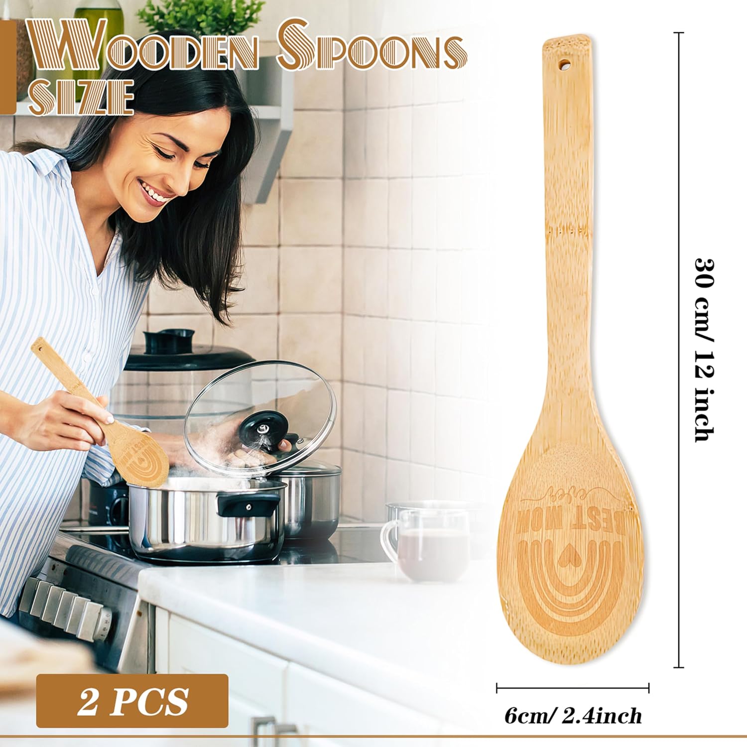 Mother's Day Wooden Spoons for Cooking, Bamboo Nonstick 12" Kitchen Utensils, 2-Piece (Best Mom Ever) image 2
