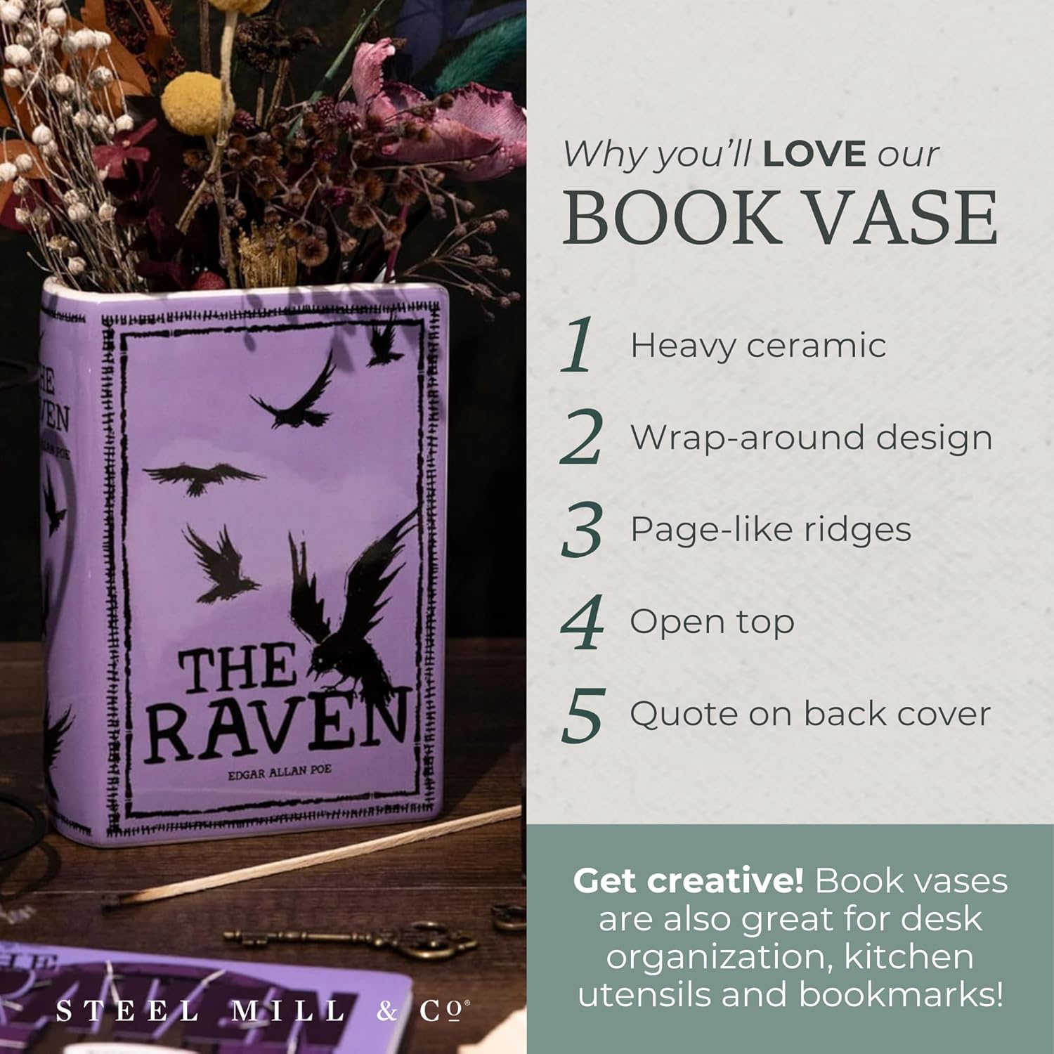 Steel Mill & Co Original Large Book-Shaped Decorative Vase, Ceramic Vases for Home Decor, Cute Bookshelf Decor, Unique Vase for Book Lovers, The Raven - Purple - Image 3