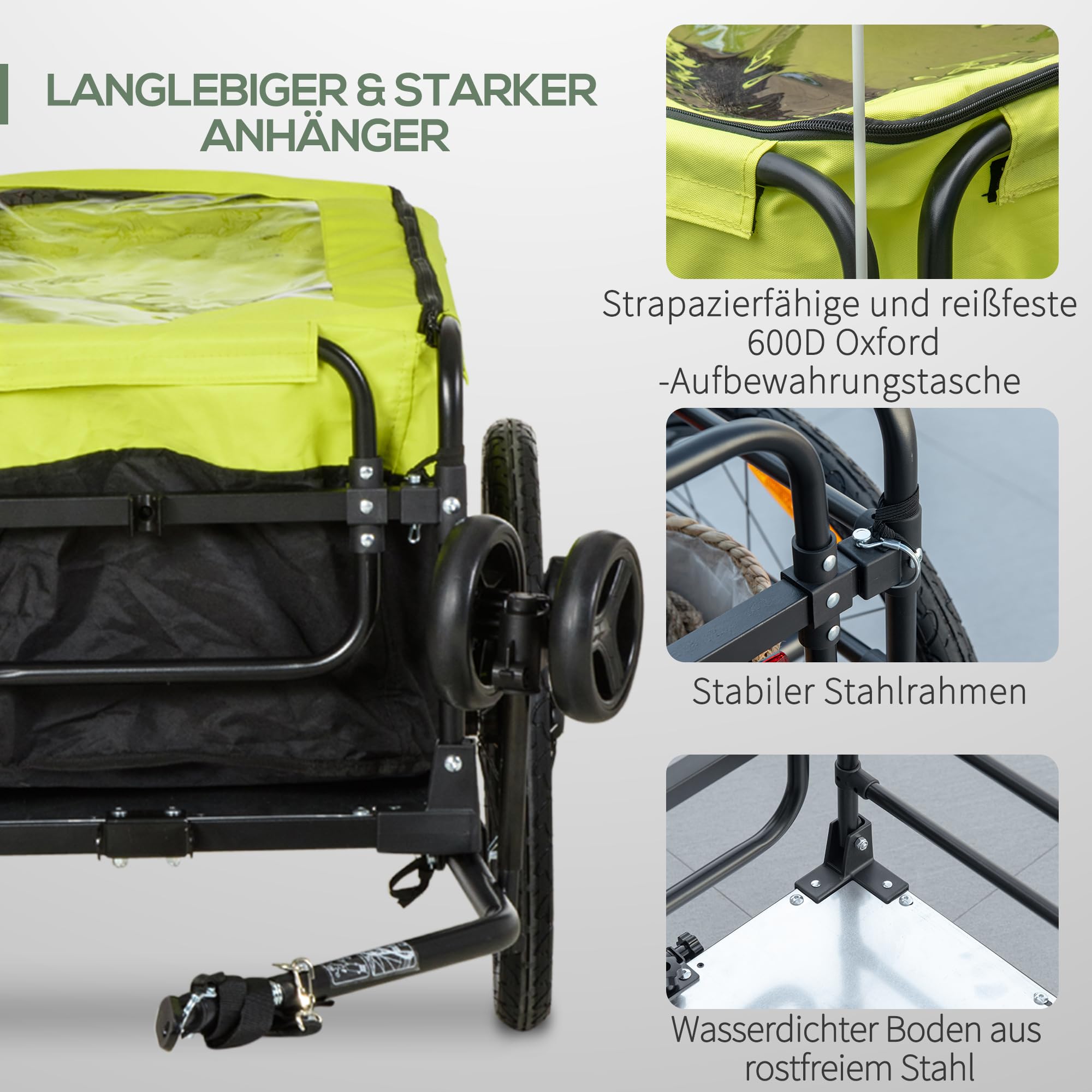 HOMCOM Rimorchio per bicicletta, 2 in 1, per bicicletta, con pneumatici da 20 pollici, portata 40 kg, in acciaio, tessuto Oxford, 130 x 64 x 64/103 cm