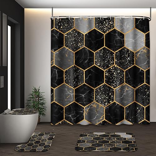 Juego de cortinas de ducha con tapa de inodoro y alfombras antideslizantes para baño, juego de 4 cortinas de ducha hexagonales de mármol negro y