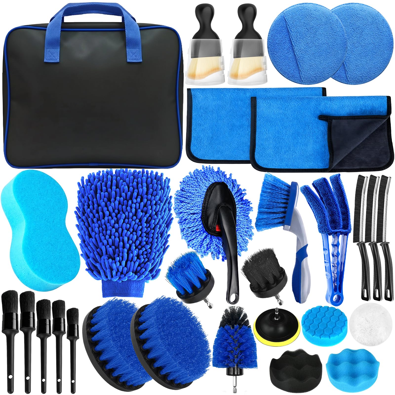 Kit Nettoyage Voiture, 31 Pièces Kit de Brosse Nettoyage Voiture pour L'intérieur et L'extérieur, avec Brosse, Éponges de Polissage et Plus, pour Fentes de Ventilation, Roues, Surfaces