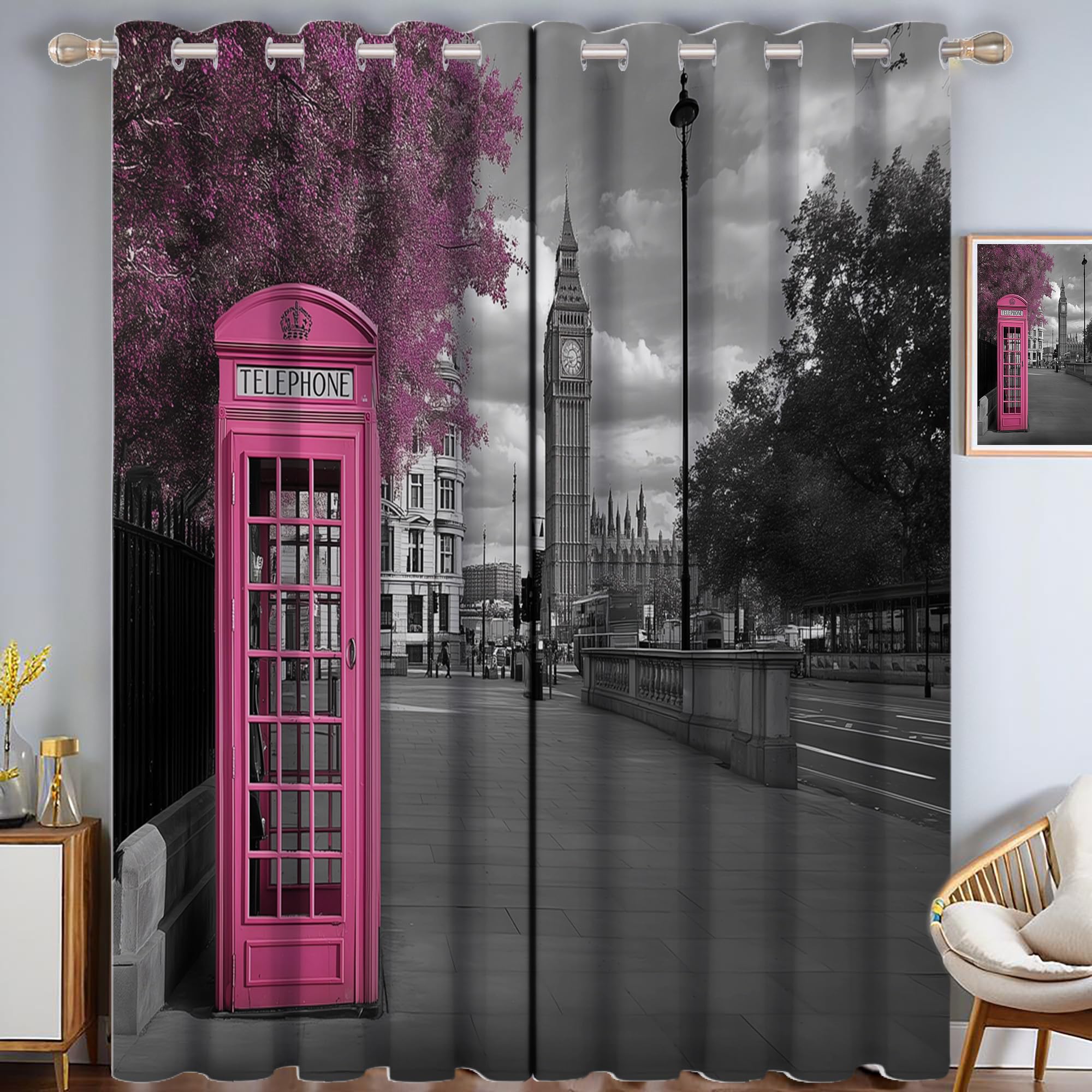 Rideaux occultants roses 140x225 cm avec cabine téléphonique pour chambre