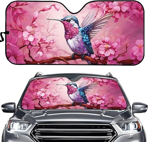Showudesigns Parasol de colibrí para parabrisas de automóvil, SUV, camión, parasoles para parabrisas de color rosa, flor de cerezo, pájaros, parasol