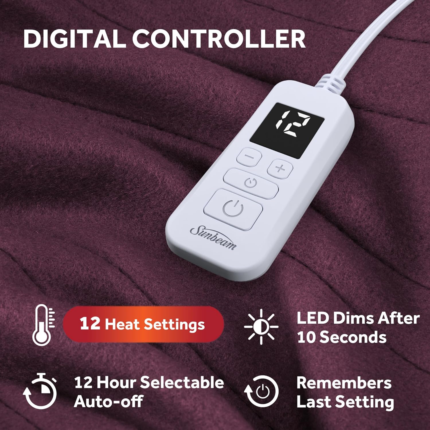 Close-up of the digital controller for the Sunbeam heated blanket showing 12 heat settings and auto-off feature.