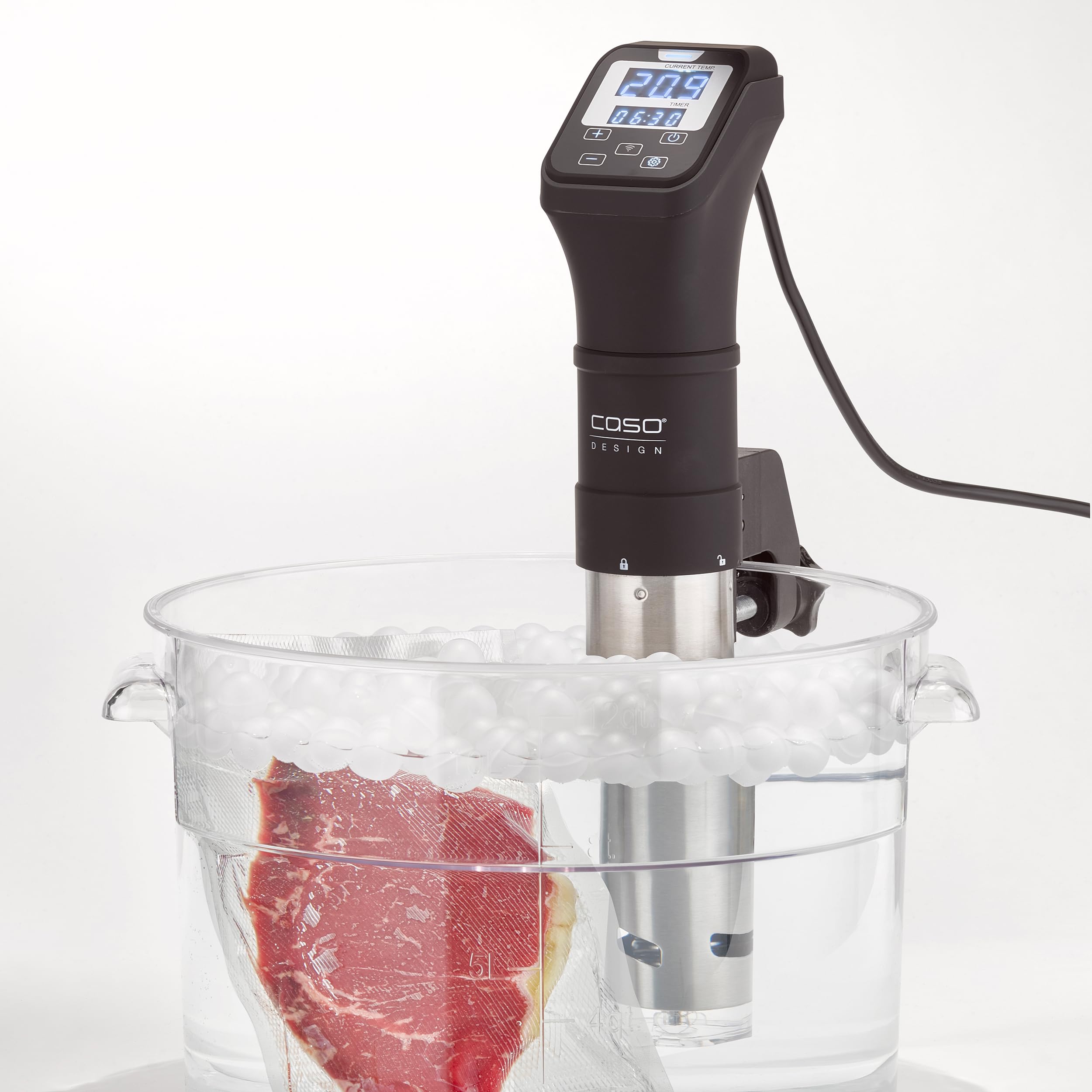 Caso 1327 SV 1200 Pro Smart. Regulación precisa de la temperatura hasta 90 °C en incrementos de 0,5 °C. Totalmente resistente al agua, 18/8, 30 litros, acero inoxidable, color negro.