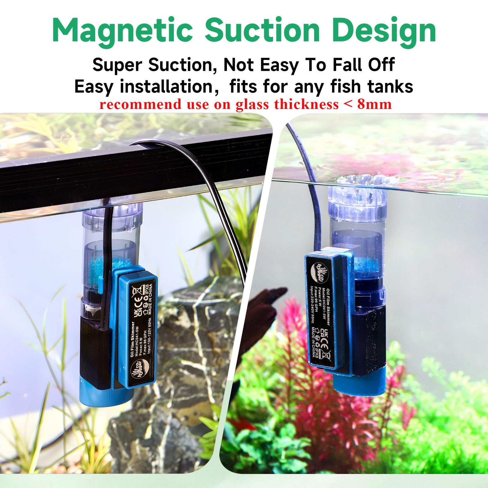 Skimmer de Surface pour Aquarium, magnétique Skimmer Aquarium avec éponge Bio, pour l'eau Douce et l'eau salée Aquarium, 5W Surface Skimmer 96GPH débit réglable