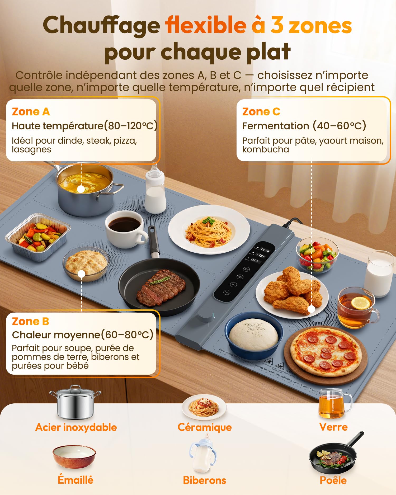 Chauffe Plat Électrique à 3 Zones Indépendantes 101×43 cm | Plaque Chauffante Électrique avec 17 températures minuterie 6h, Chauffe Assiette en Silicone Enroulable pour Buffets et Fêtes