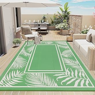 Bsmathom Waterproof Outdoor Rug 6'x9' Reversible Boho Plastic Straw Patio Deck Camping Rugs, Indoor Outdoor Portable RV Mat Clearance Carpet for Outside, Porch, Balcony, Backyard, Beach, Pool,Green