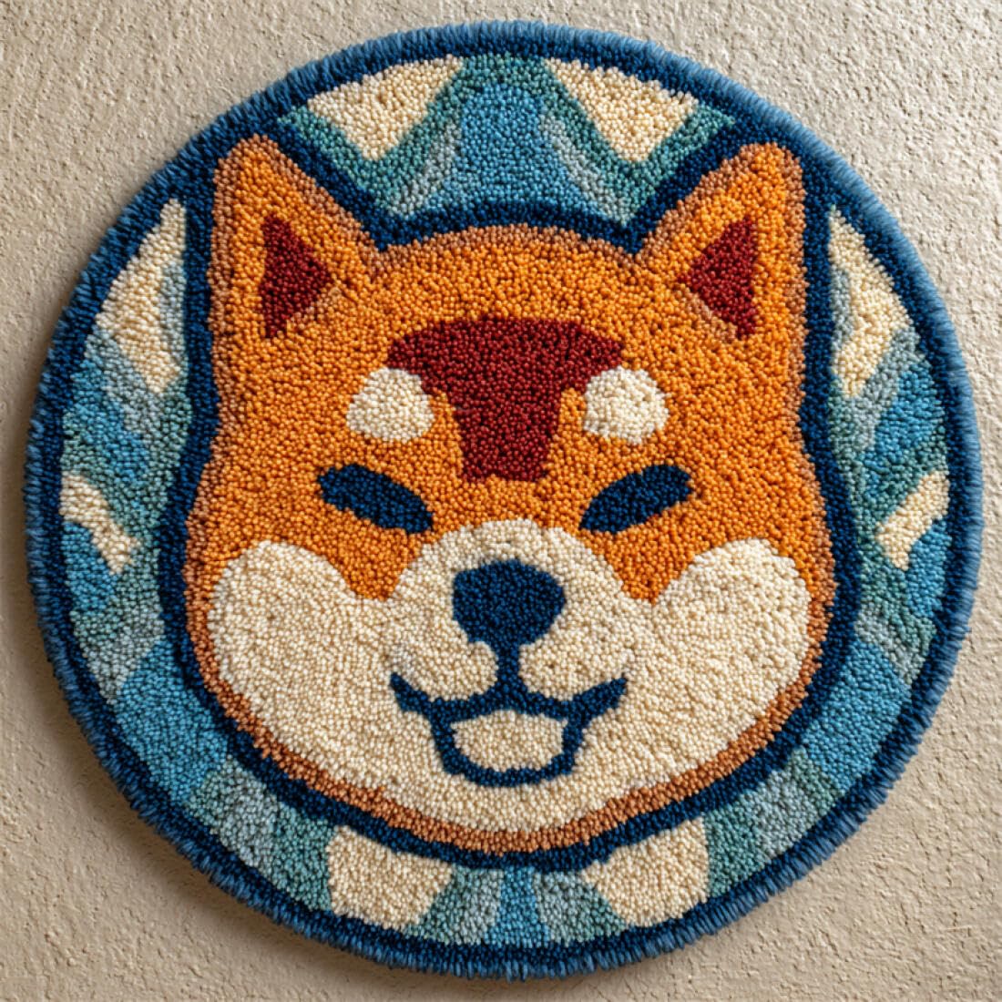 Rqwybcaxn DIY Latch Hook Rug Kit for Beginners Animal Crochet Starter Kit Cartoon Shiba Inu 60x60cm Round Tapestry with Crochet Hook Bedroom Craft Gift