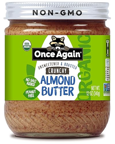 Once Again Mantequilla de almendras crujiente orgánica, 12 onzas, tostada, sin sal, sin azúcar, orgánica USDA, certificado sin gluten, sin maní,