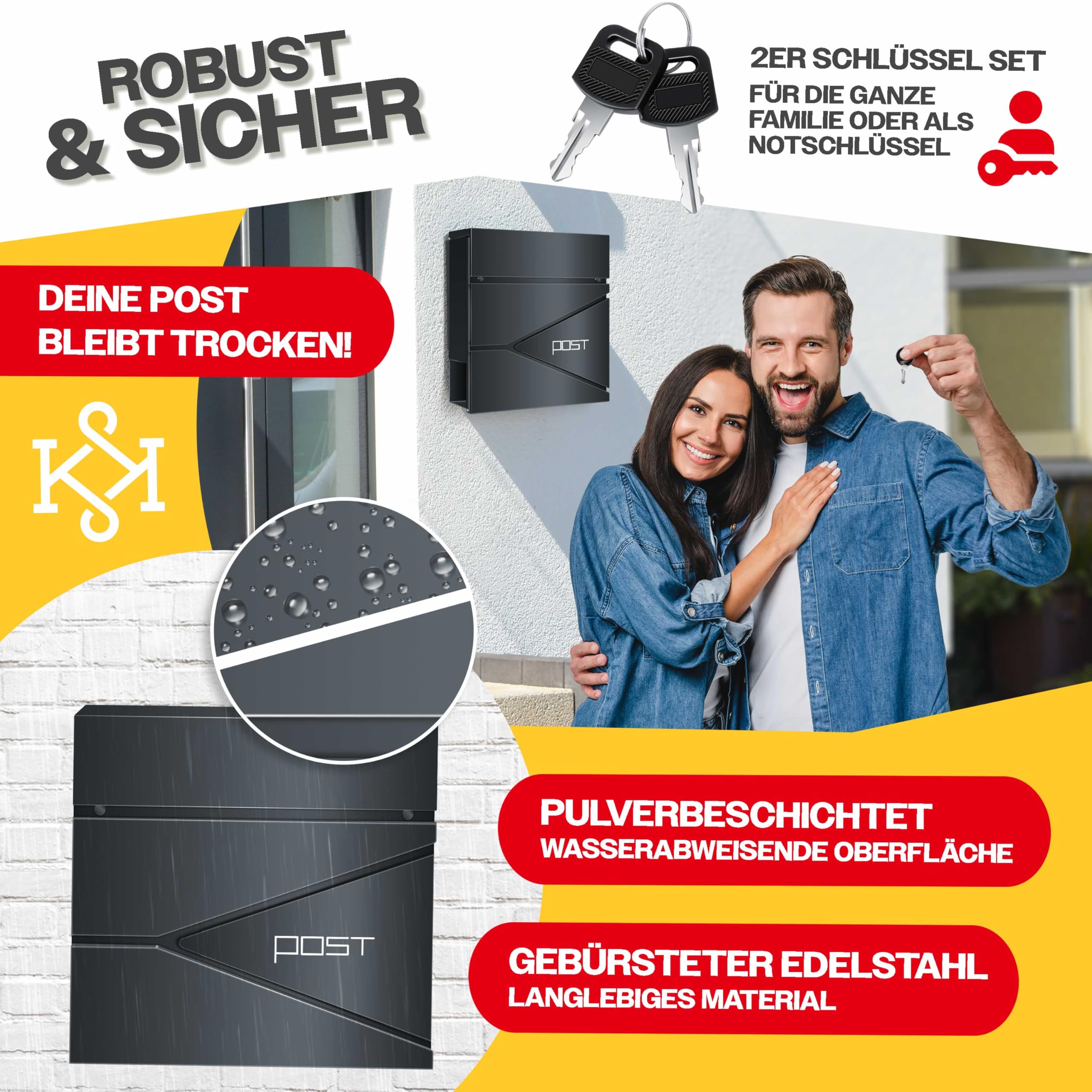 KESSER® Boîte aux Lettres Murale en Acier Inoxydable avec Compartiment à journaux, 2 clés verrouillables, boîte aux Lettres Moderne avec matériel de Montage, Couvercle Softclose, Anthracite argenté