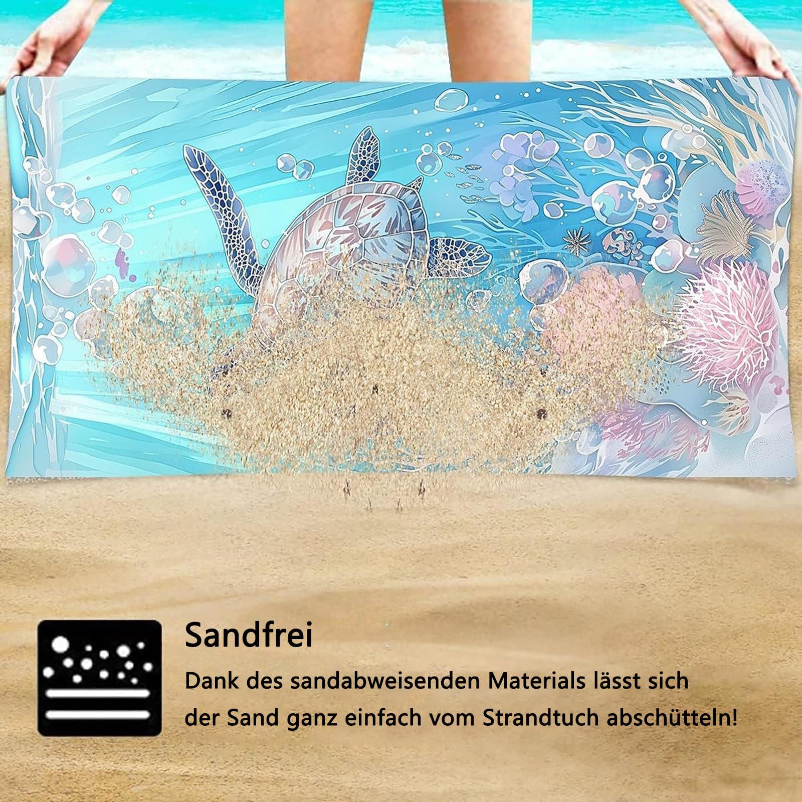 Damski ręcznik plażowy, z mikrofibry, 140 x 70 cm, plecak 2 w 1, ręcznik plażowy, chłonny, szybkoschnący, bez piasku, koc plażowy na plażę, podróż, do pływania, niebieski żółw